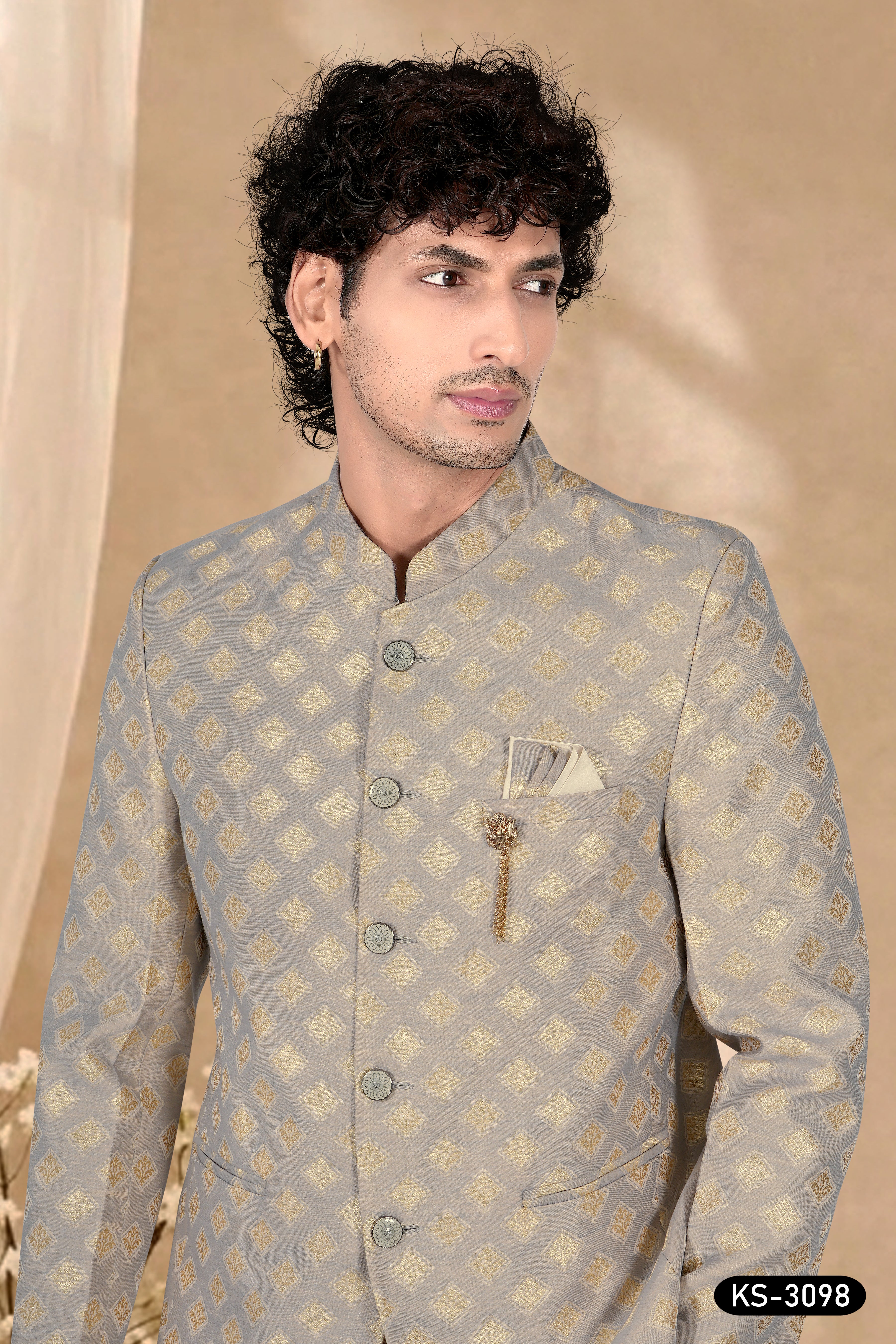 GREY HUE BANDHGALA SET WITH ALL-OVER SELF DESIGN