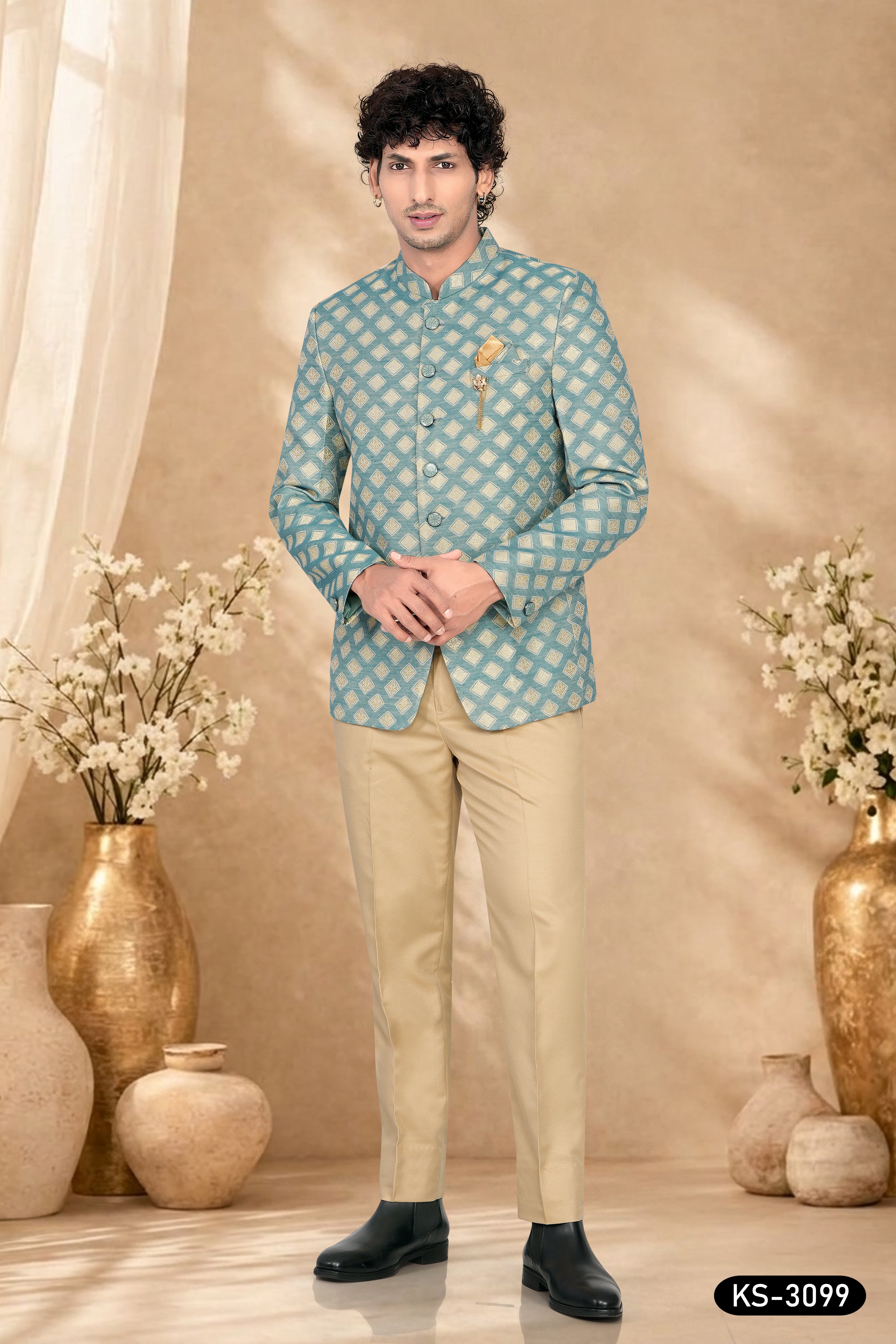 BANDHGALA SET WITH SELF-DESIGN ALL-OVER IN BLUE
