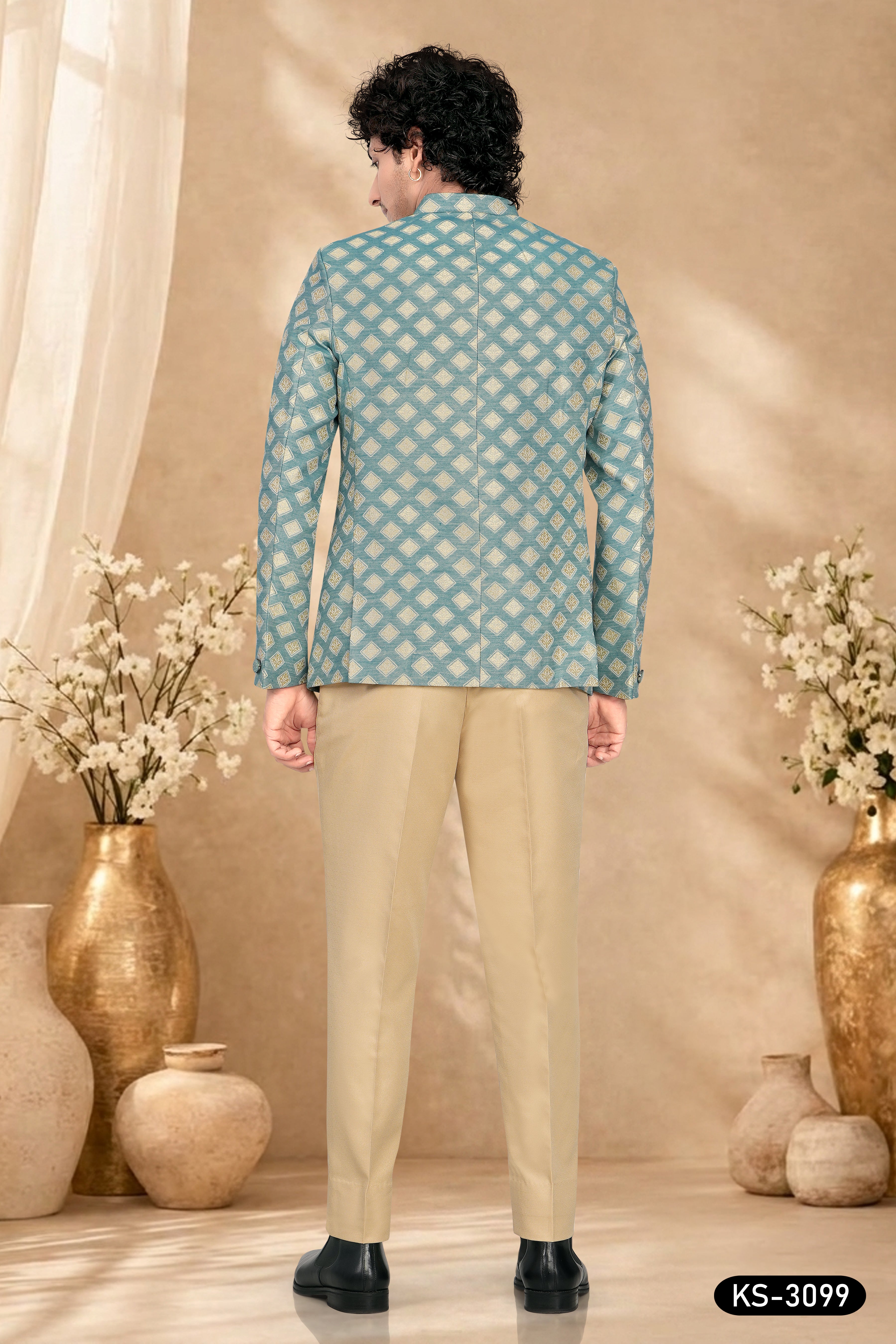 BANDHGALA SET WITH SELF-DESIGN ALL-OVER IN BLUE