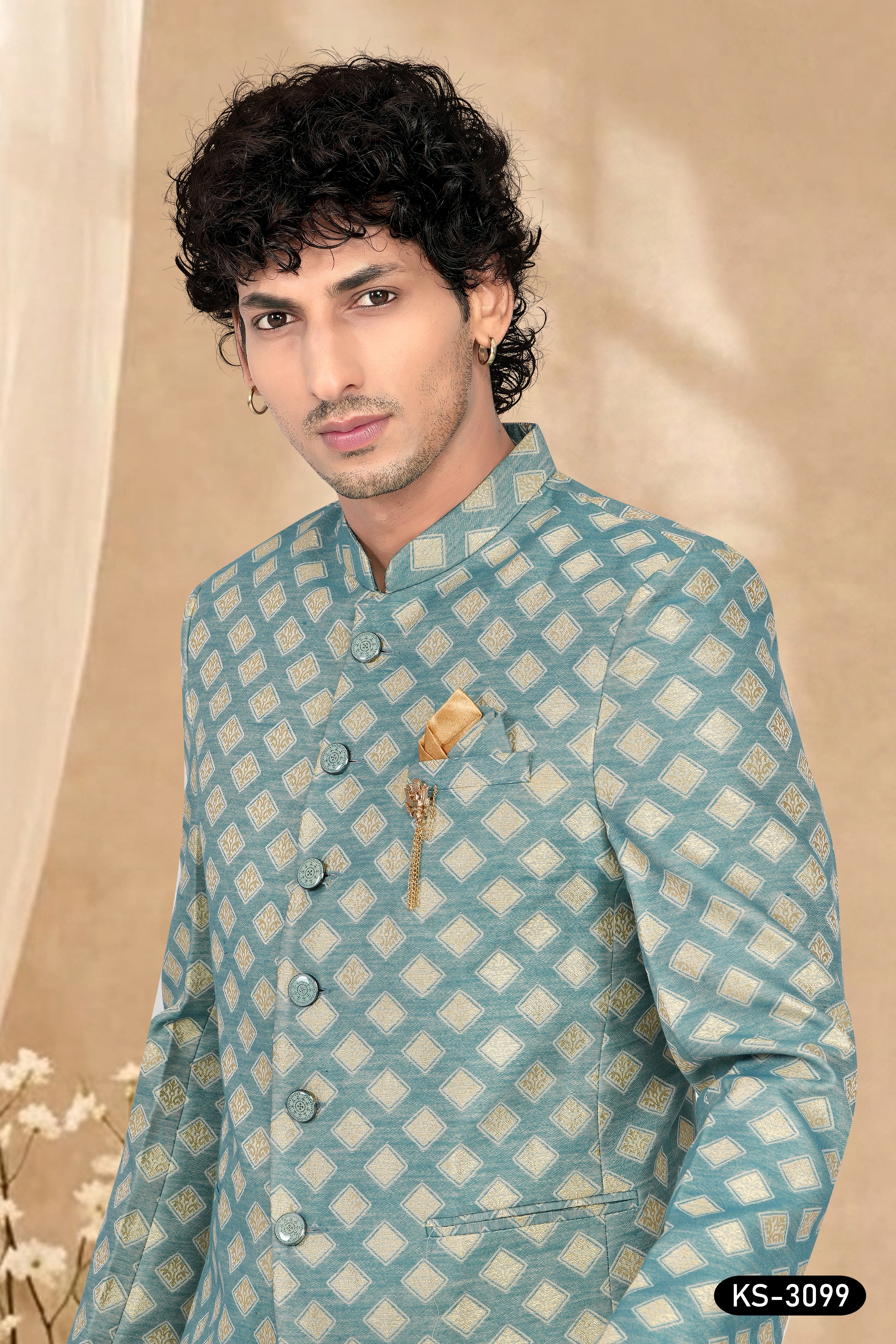 BANDHGALA SET WITH SELF-DESIGN ALL-OVER IN BLUE