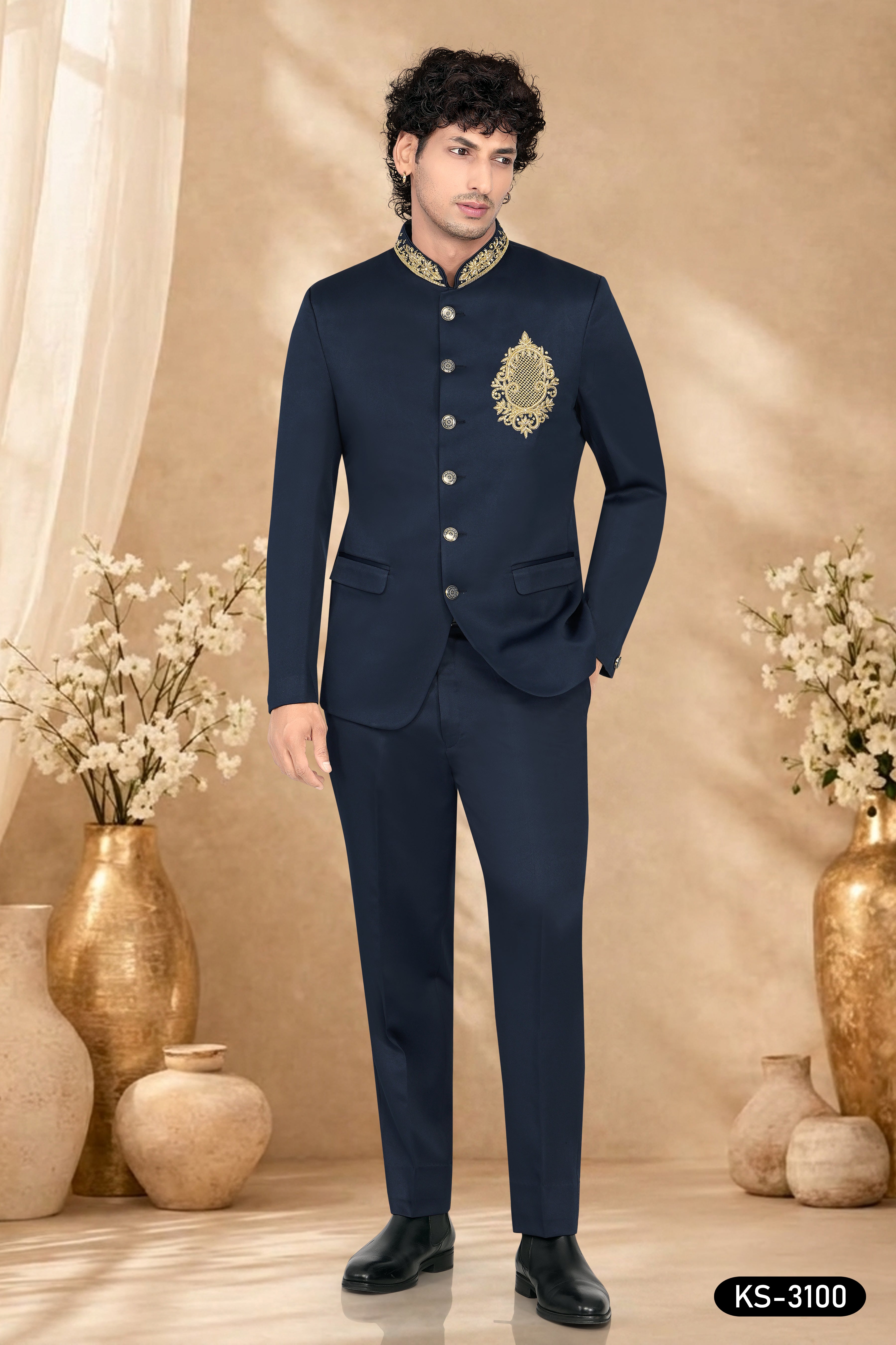 UNIQUE HAND EMBROIDERY BANDHGALA SET IN BLUE