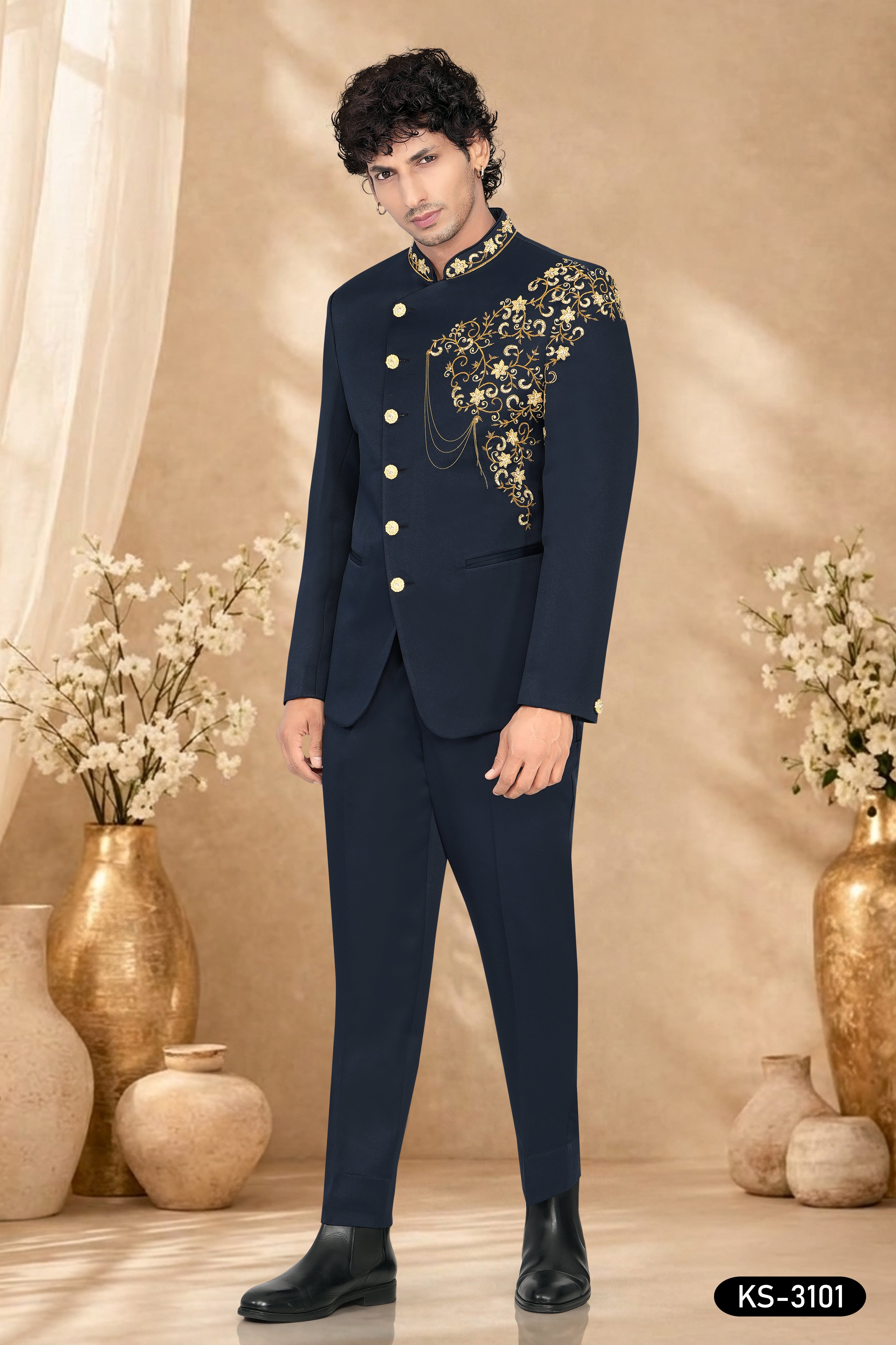 BLUE BANDHGALA SET WITH UNIQUE HAND EMBROIDERY ALL-OVER