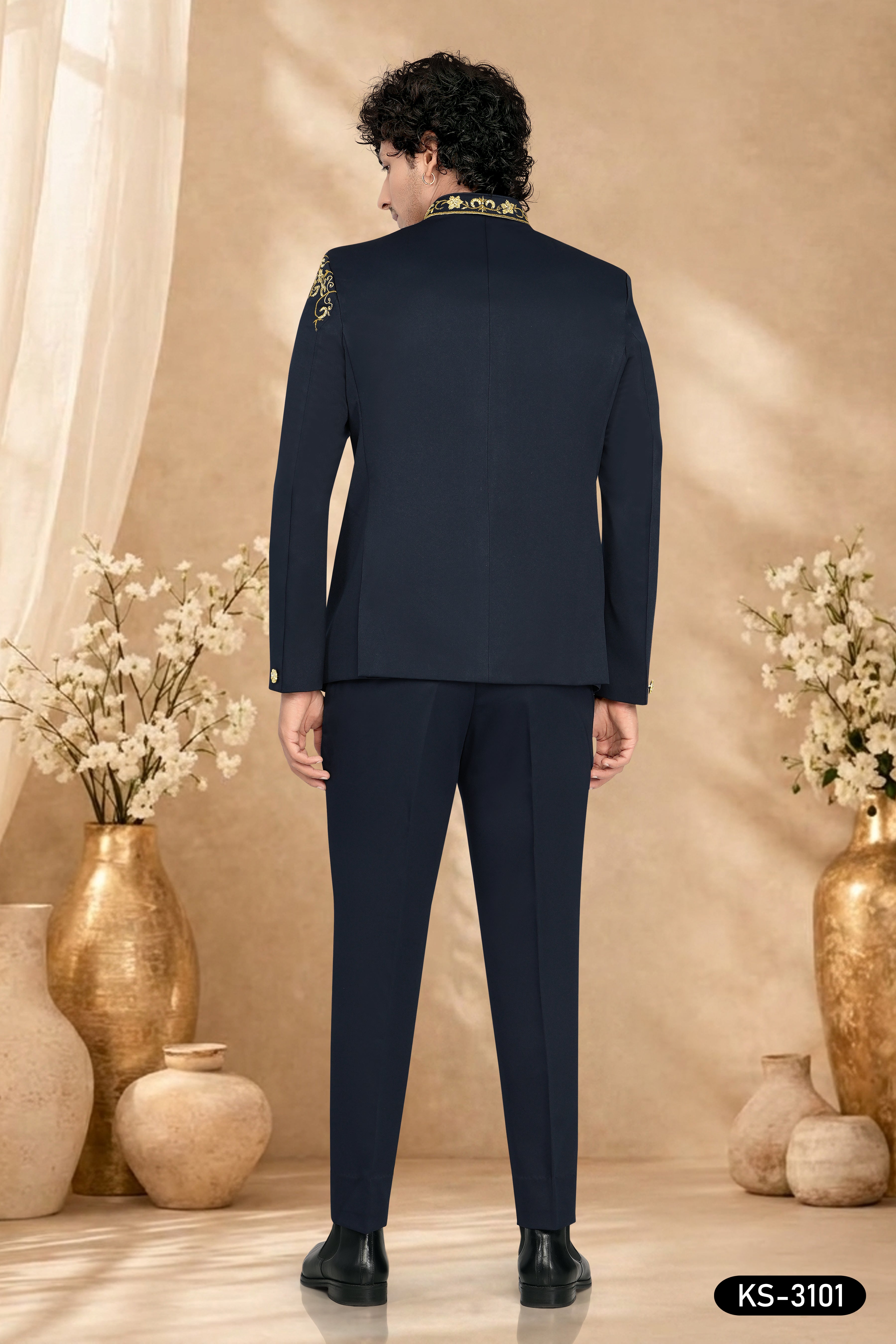 BLUE BANDHGALA SET WITH UNIQUE HAND EMBROIDERY ALL-OVER