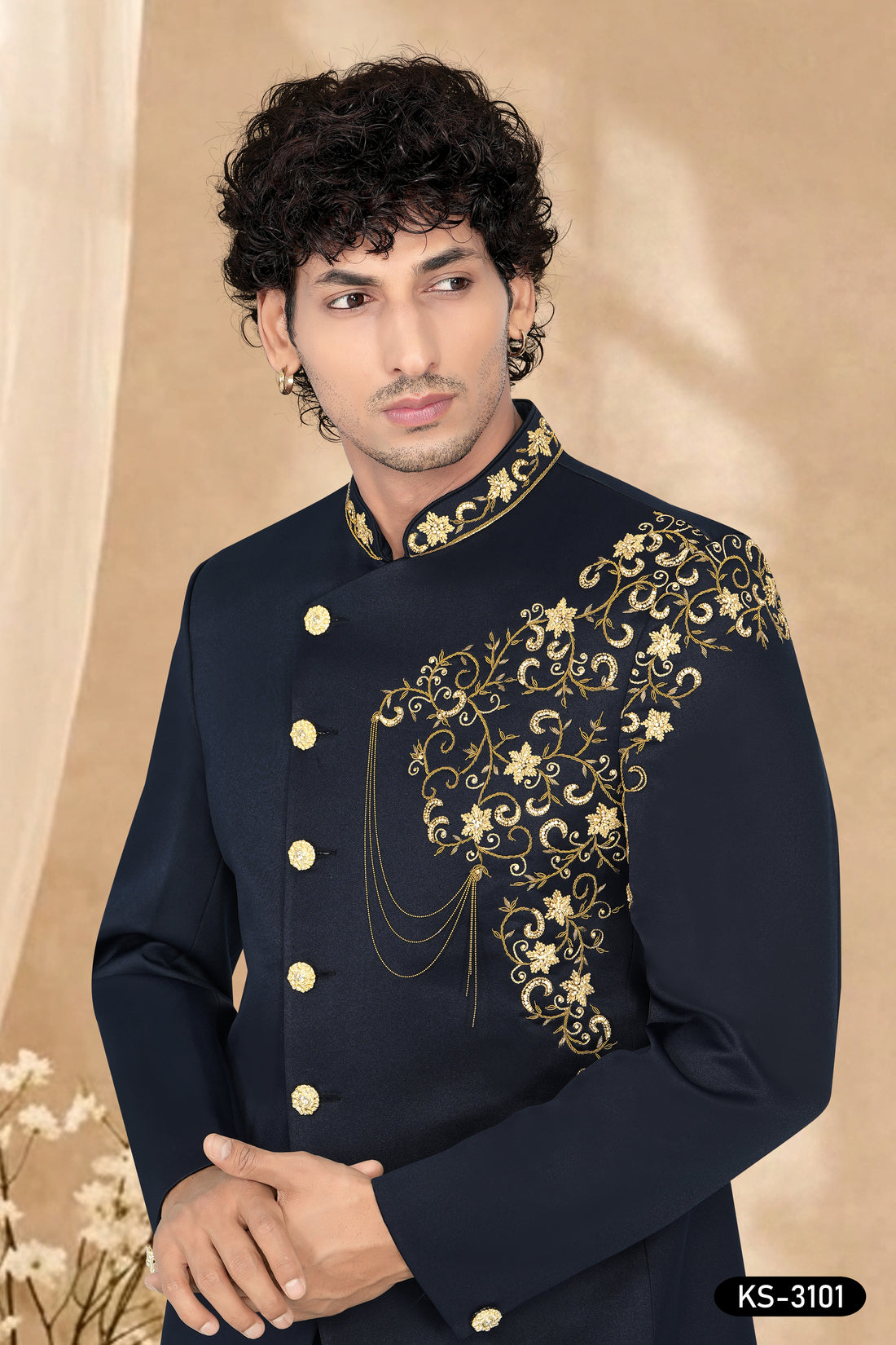 BLUE BANDHGALA SET WITH UNIQUE HAND EMBROIDERY ALL-OVER