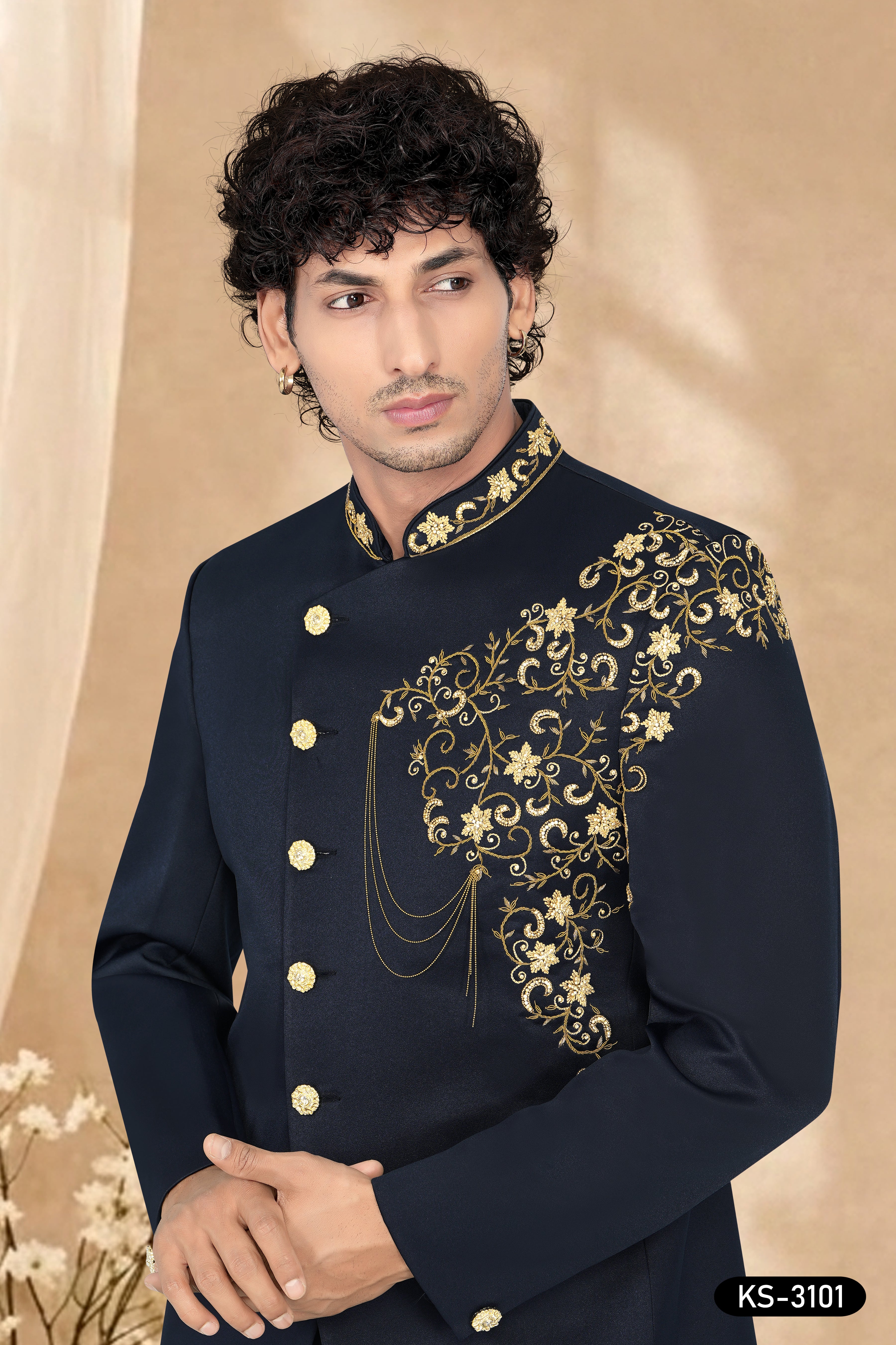 BLUE BANDHGALA SET WITH UNIQUE HAND EMBROIDERY ALL-OVER