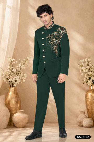 BANDHGALA SET IN GREEN HUE WITH UNIQUE HAND EMBROIDERY