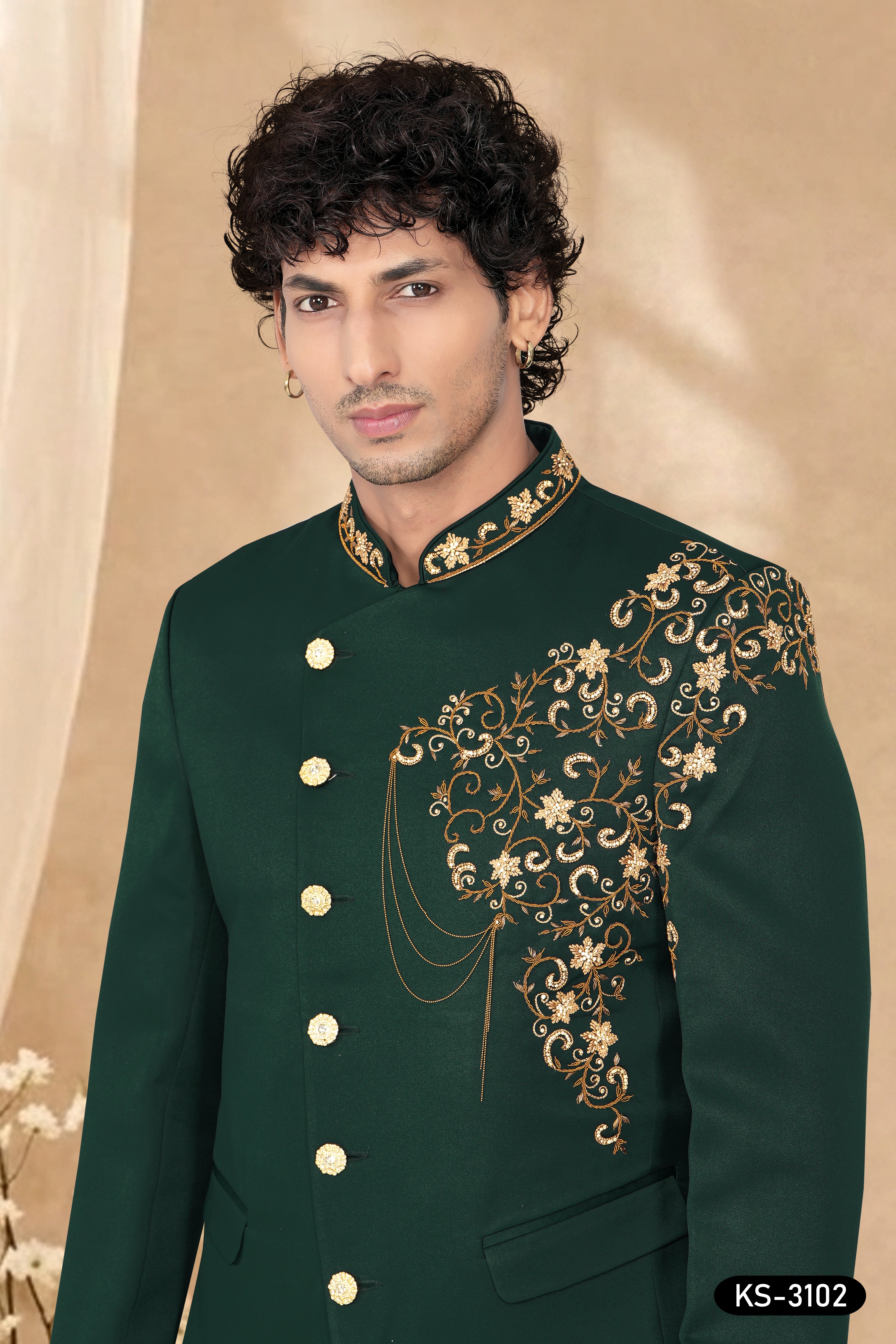 BANDHGALA SET IN GREEN HUE WITH UNIQUE HAND EMBROIDERY