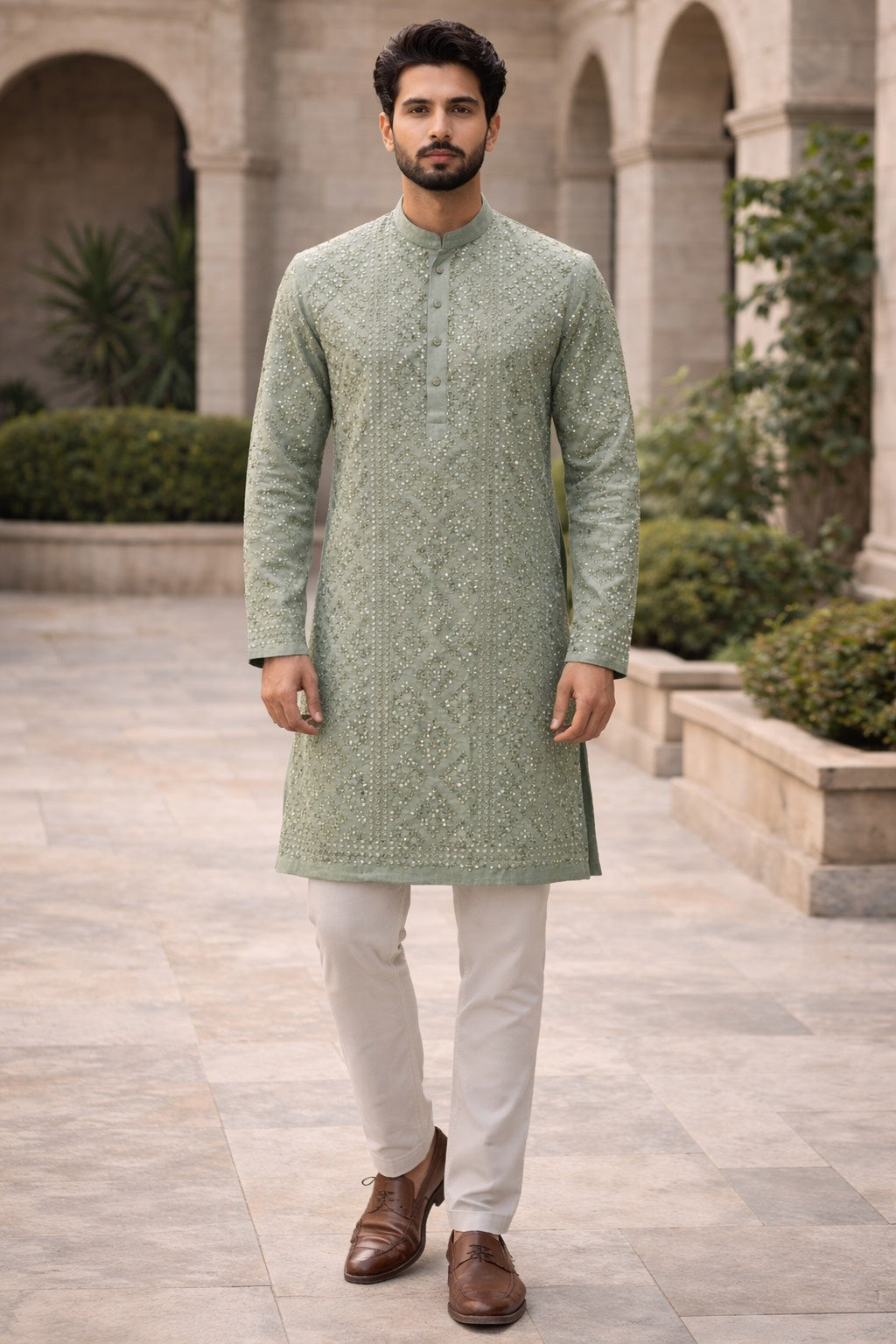 MINT-GREEN TONE KURTA SET WITH ALL-OVER MIRROR EMBROIDERY