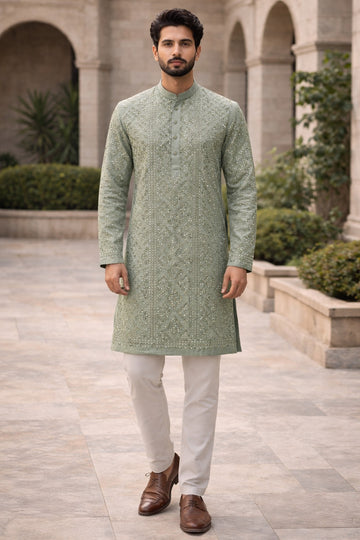 MINT-GREEN TONE KURTA SET WITH ALL-OVER MIRROR EMBROIDERY
