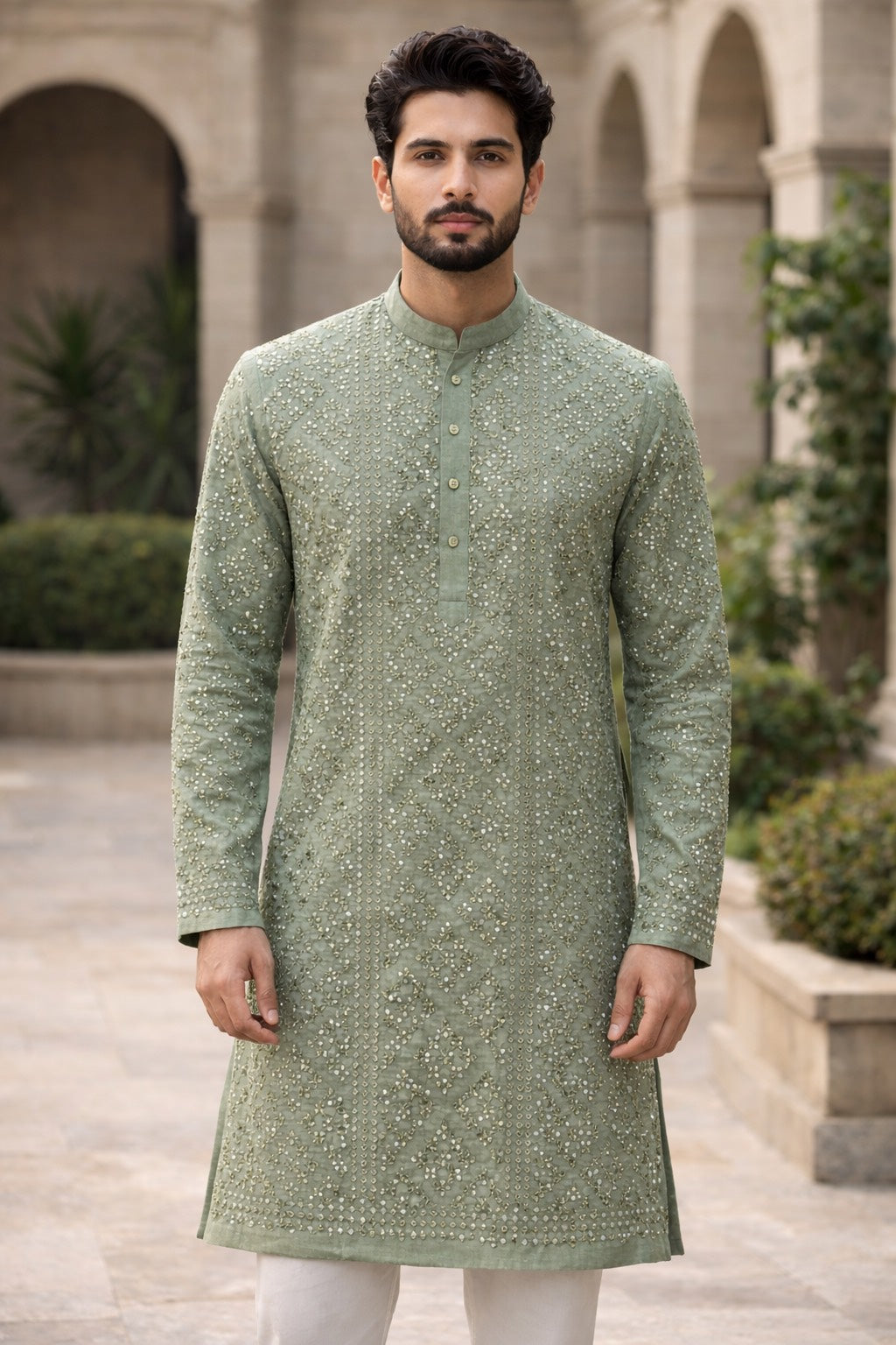 MINT-GREEN TONE KURTA SET WITH ALL-OVER MIRROR EMBROIDERY