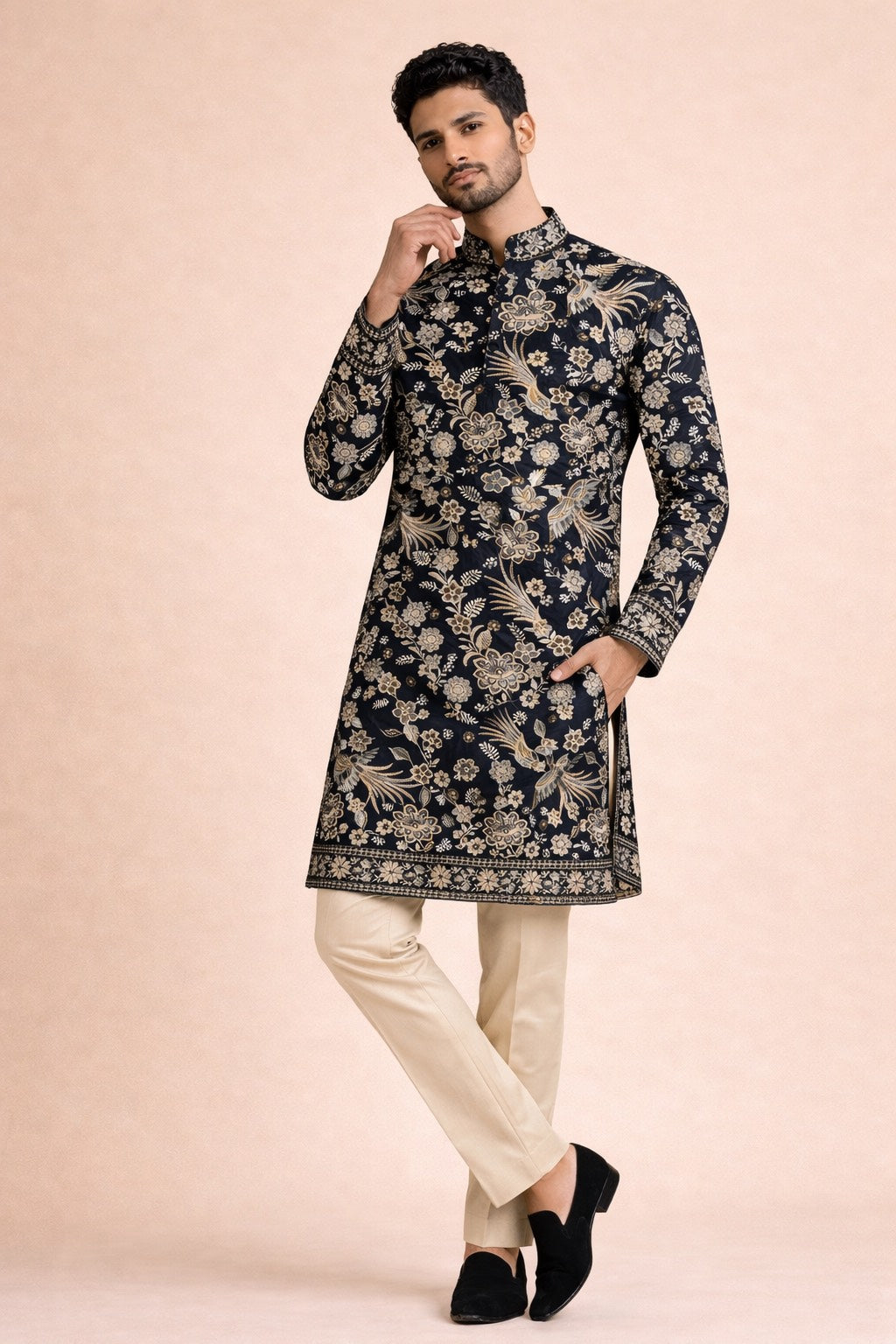 BLUE VELVET KURTA SET WITH HEAVY THREAD & SEQUENCE EMBROIDERY