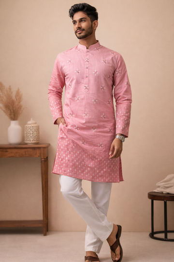 PINK HUE KURTA SET WITH HEAVY THREAD & MIRROR WORK EMBROIDERY