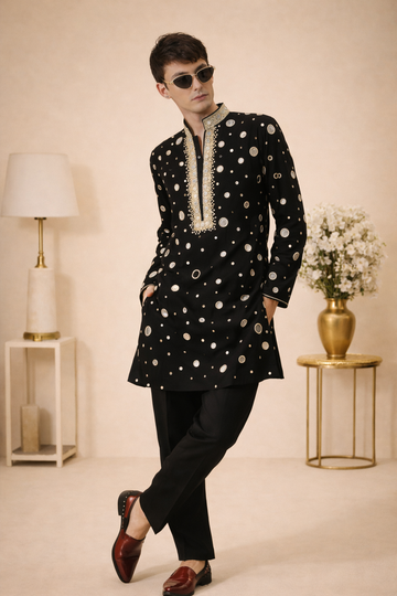 BLACK KURTA SET WITH ASTER & HAND MIRROR EMBROIDERY ALL-OVER