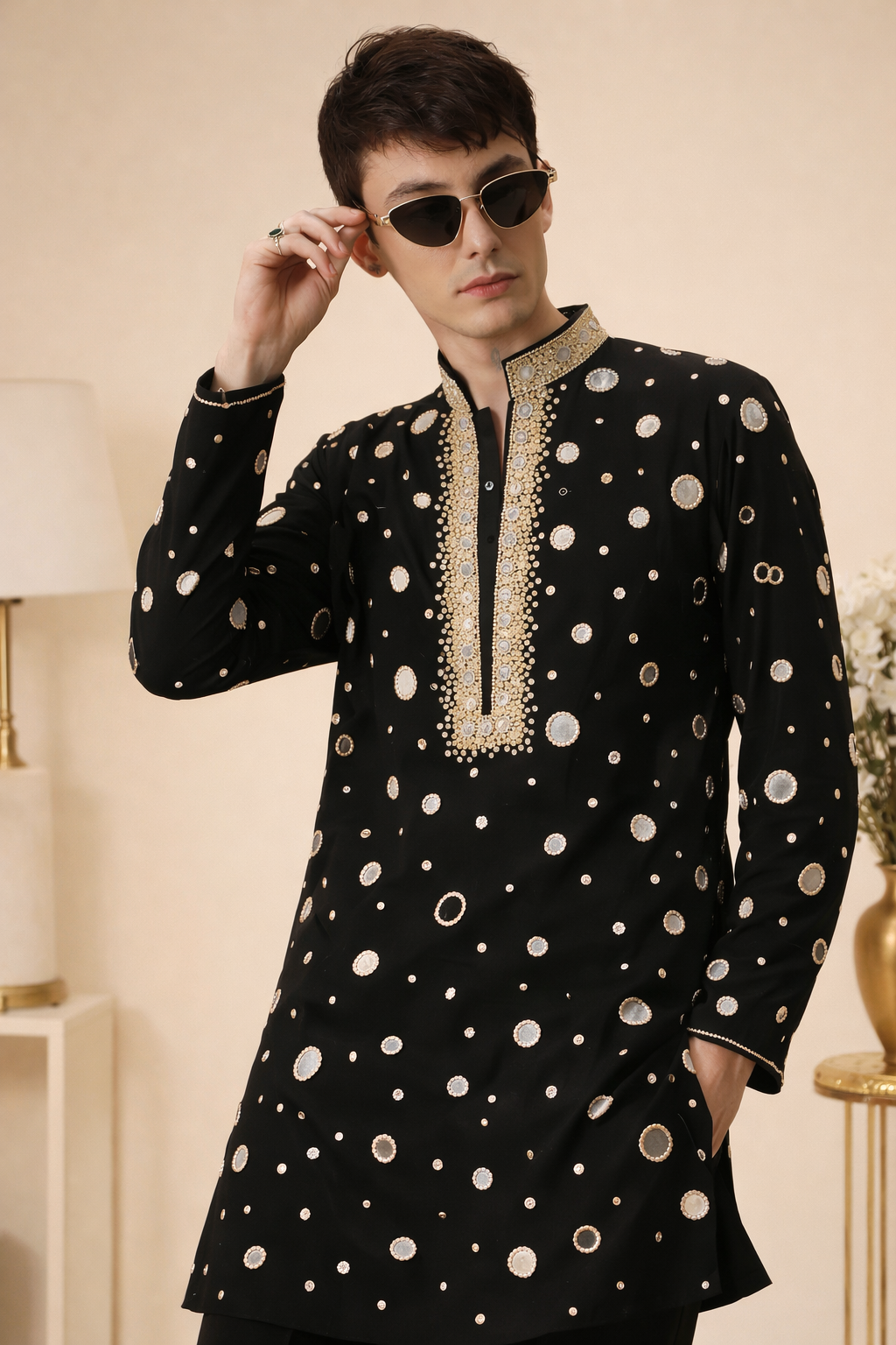 BLACK KURTA SET WITH ASTER & HAND MIRROR EMBROIDERY ALL-OVER