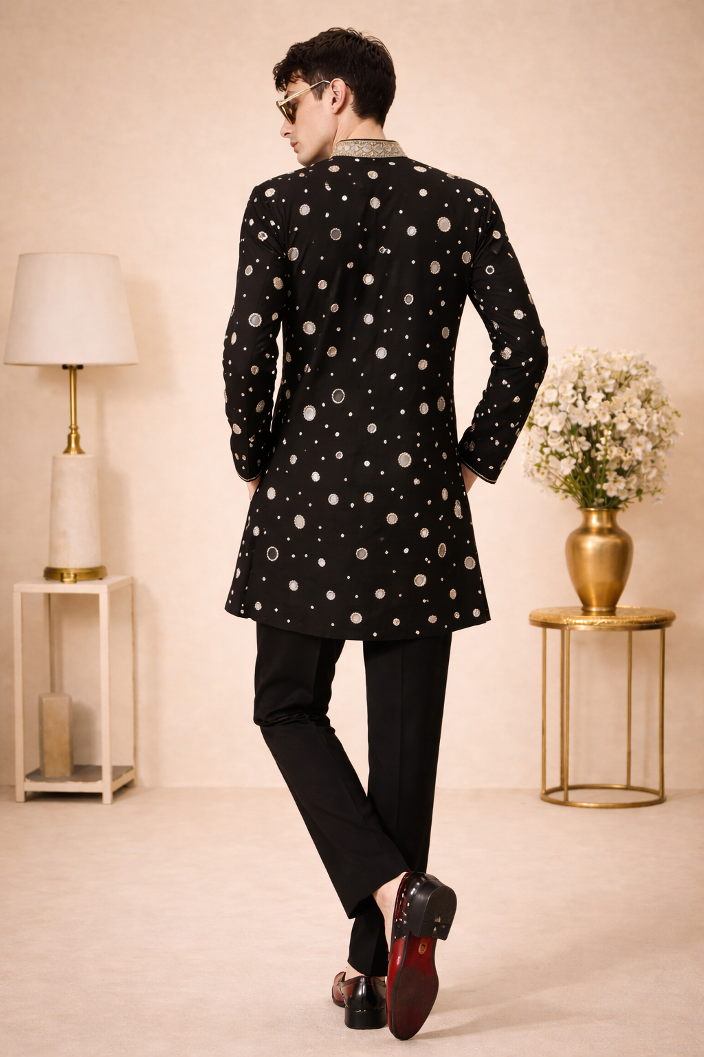 BLACK KURTA SET WITH ASTER & HAND MIRROR EMBROIDERY ALL-OVER
