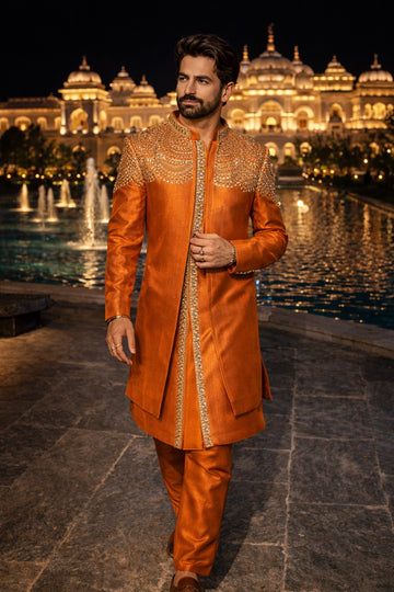 JOINT JACKET UNIQUE STYLE IN ORANGE TONE WITH HEAVY HAND EMBROIDERY FOR WEDDING CEREMONIES