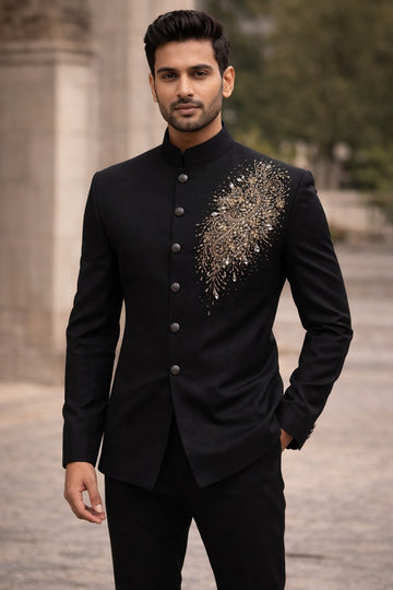 RICH BLACK JODHPURI SET WITH UNIQUE HANDWORK EMBROIDERY FOR EVERY WEDDING OCCASIONS