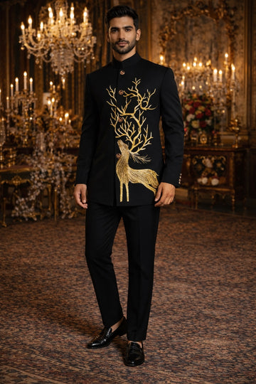 CLASSY BLACK JODHPURI SET WITH HEAVY HAND EMBROIDERY FOR EVERY WEDDING OCCASIONS