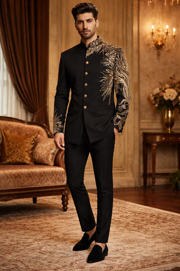 RICH BLACK JODHPURI SET WITH HEAVY HAND WORK FOR EVERY WEDDING OCCASIONS