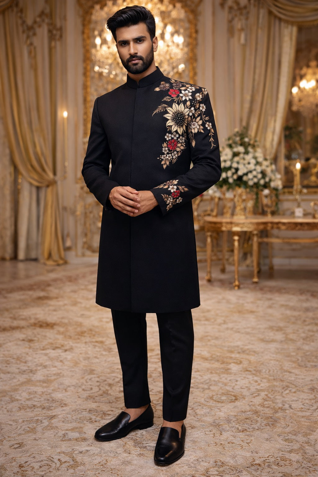 INDO-WESTERN SET IN CLASSY BLACK TONE WITH FLORAL HAND EMBROIDERY FOR EVERY WEDDING OCCASIONS