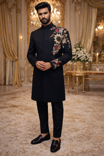 INDO-WESTERN SET IN CLASSY BLACK TONE WITH FLORAL HAND EMBROIDERY FOR EVERY WEDDING OCCASIONS