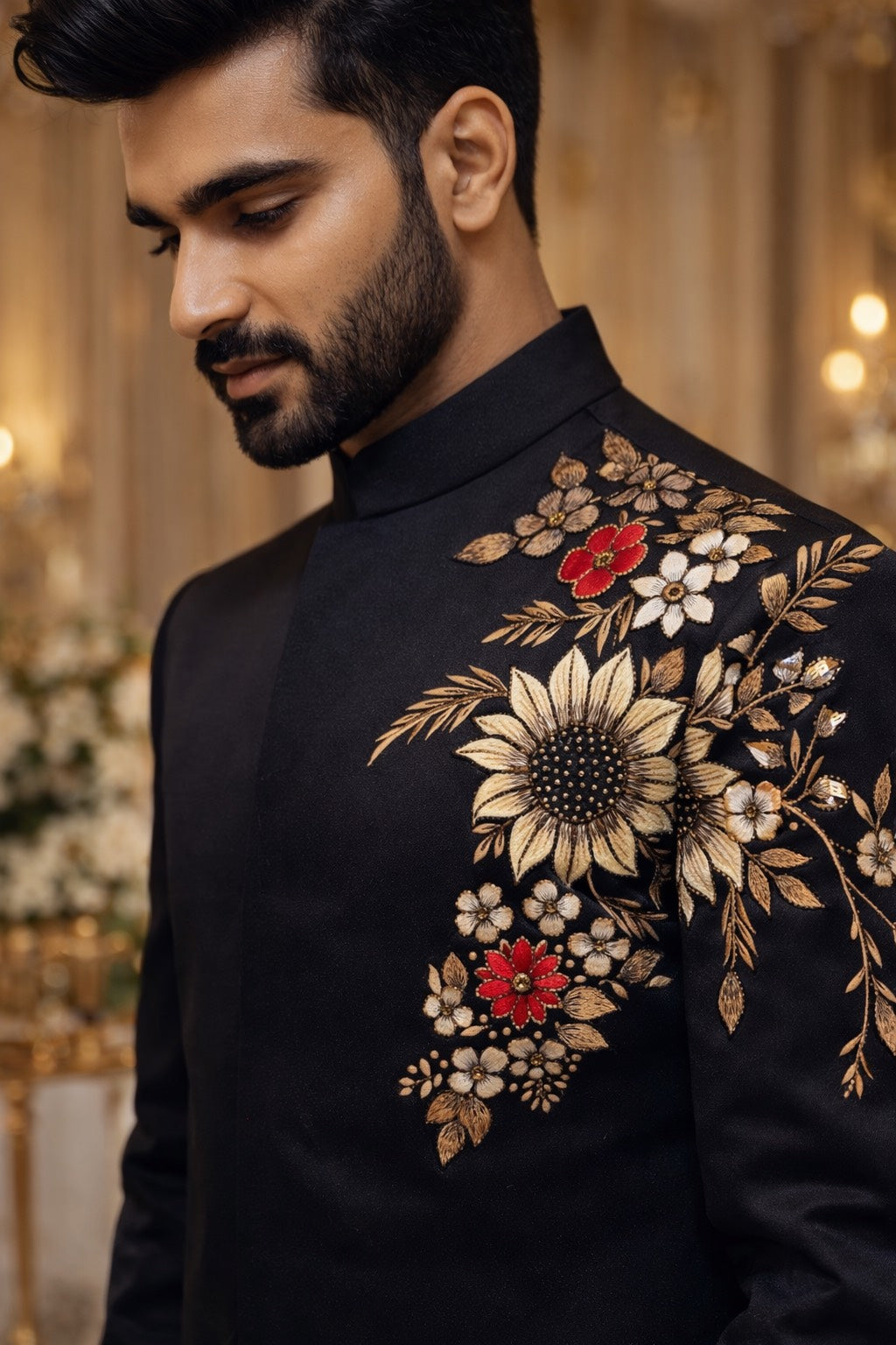 INDO-WESTERN SET IN CLASSY BLACK TONE WITH FLORAL HAND EMBROIDERY FOR EVERY WEDDING OCCASIONS