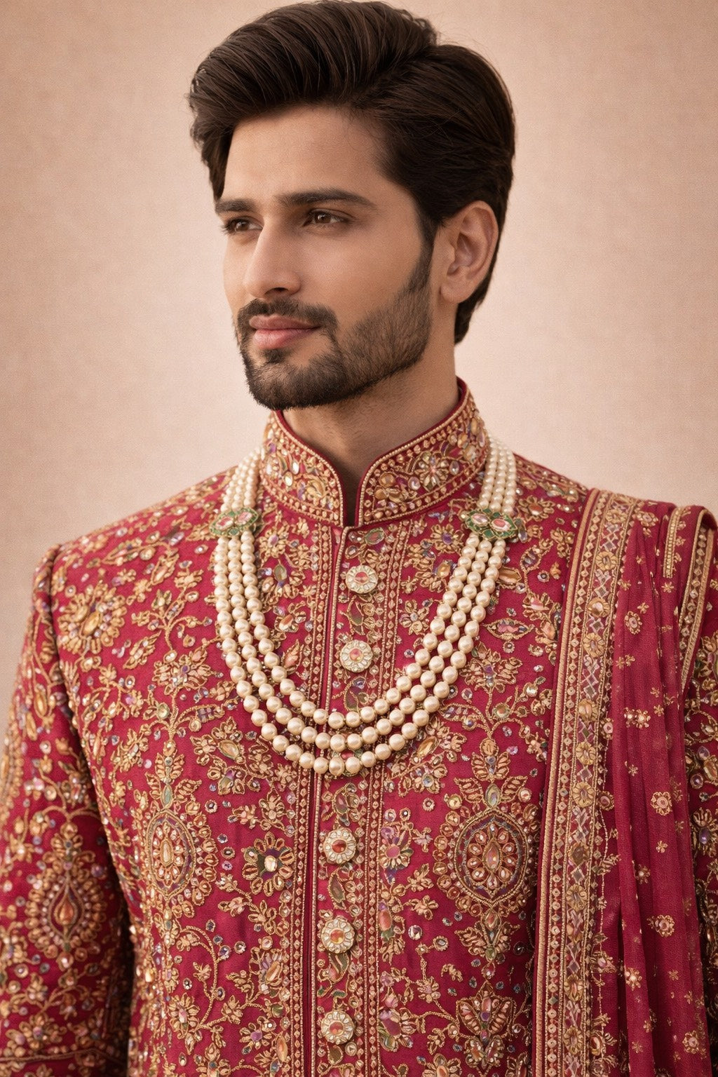 GROOM'S SHERWANI SET WITH DUPPATA WITH HEAVY ALL-OVER EMBROIDERY