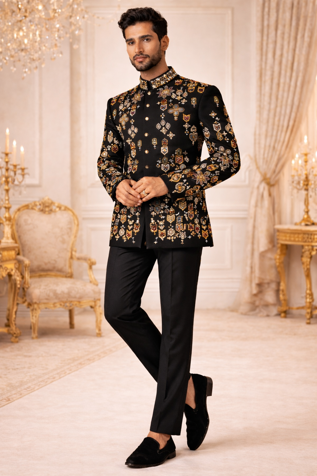 DESIGNER BANDGALA SET WITH HAND MULTI-TONE EMBROIDERY ALL OVER