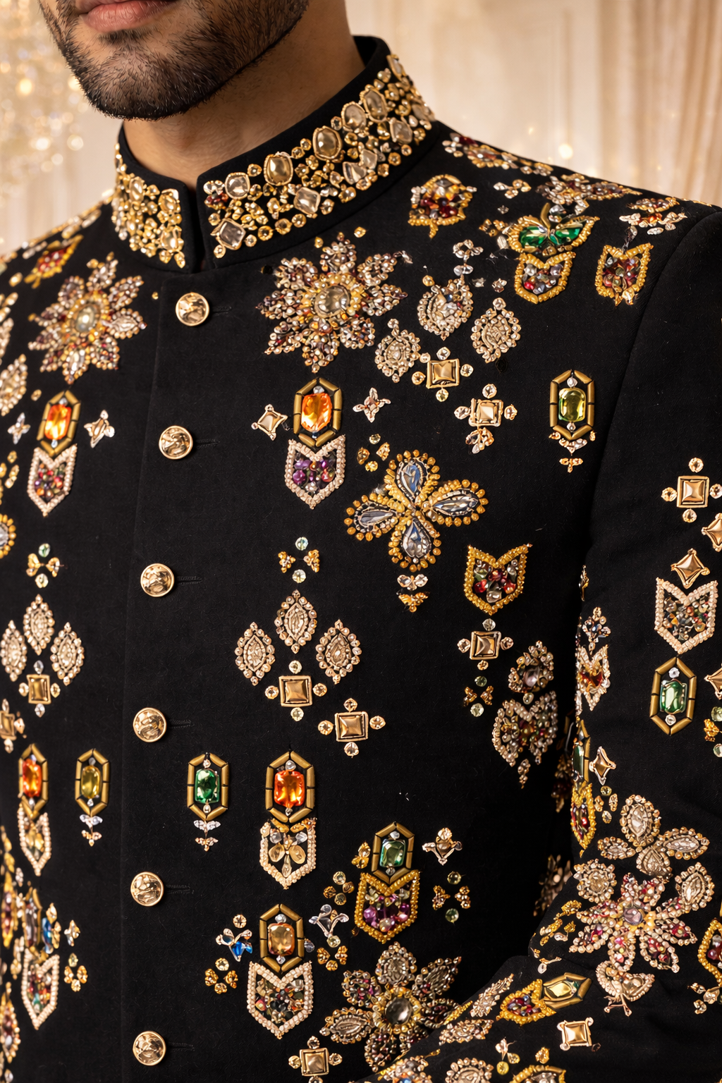 DESIGNER BANDGALA SET WITH HAND MULTI-TONE EMBROIDERY ALL OVER