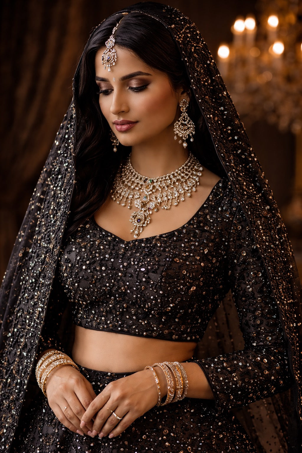 BLACK HUE LEHENGA SET WITH ALL-OVER STONE EMBROIDERY