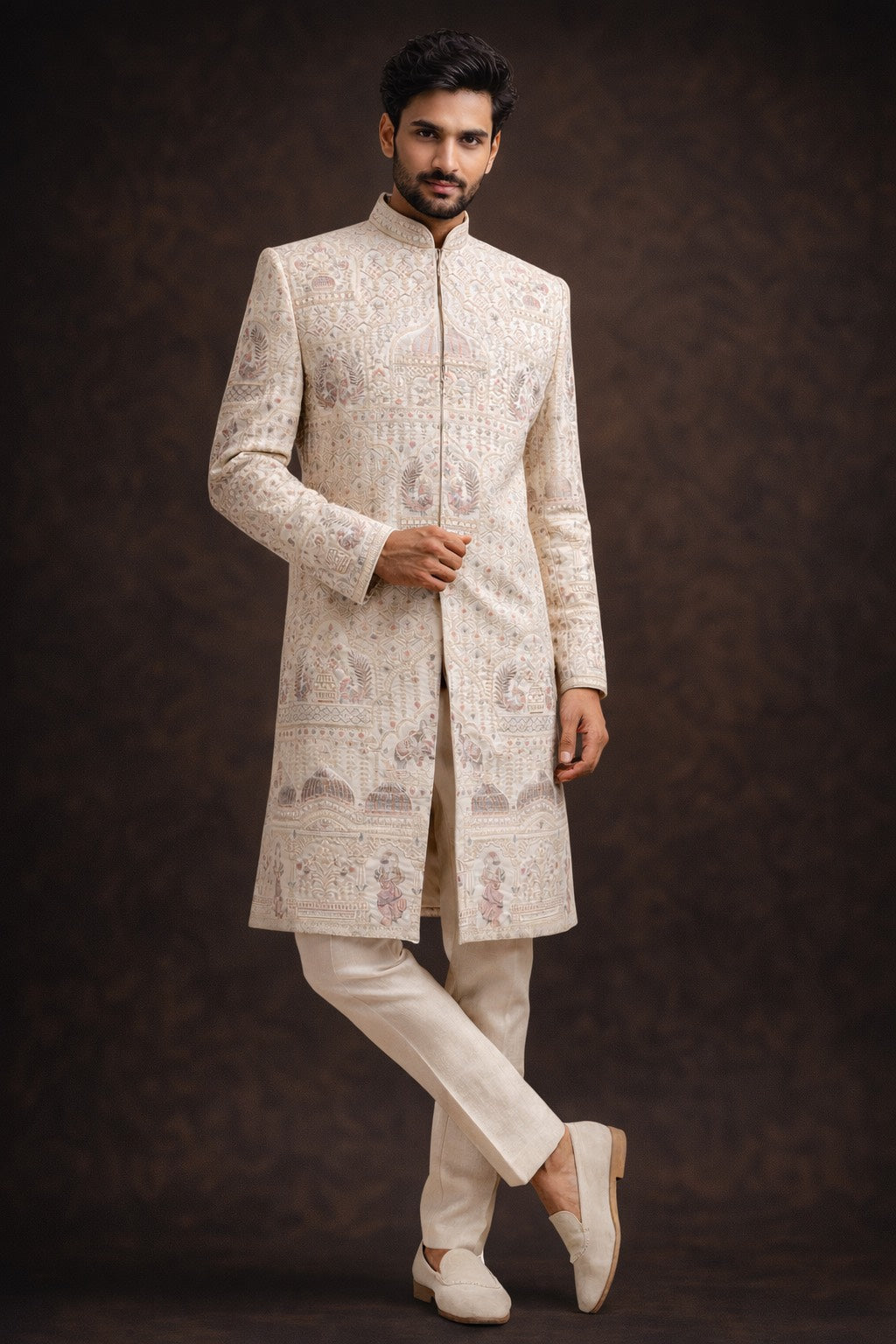CREAM SHERWANI SET WITH HEAVY THREAD EMBROIDERY ALL OVER