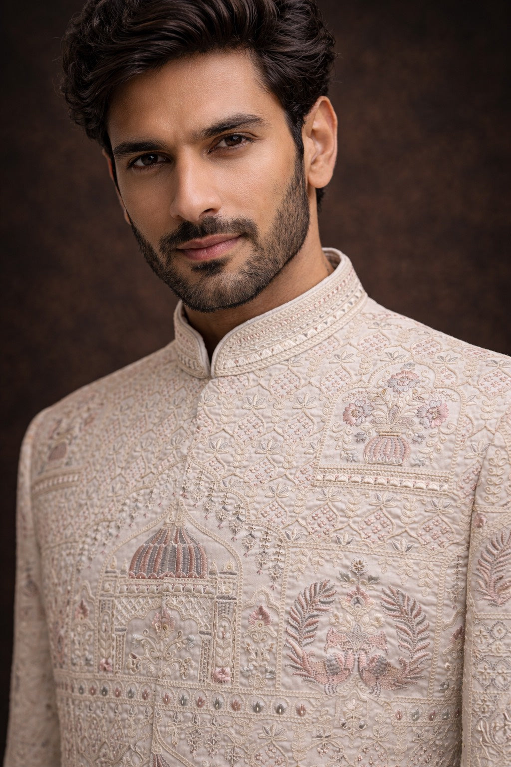 CREAM SHERWANI SET WITH HEAVY THREAD EMBROIDERY ALL OVER