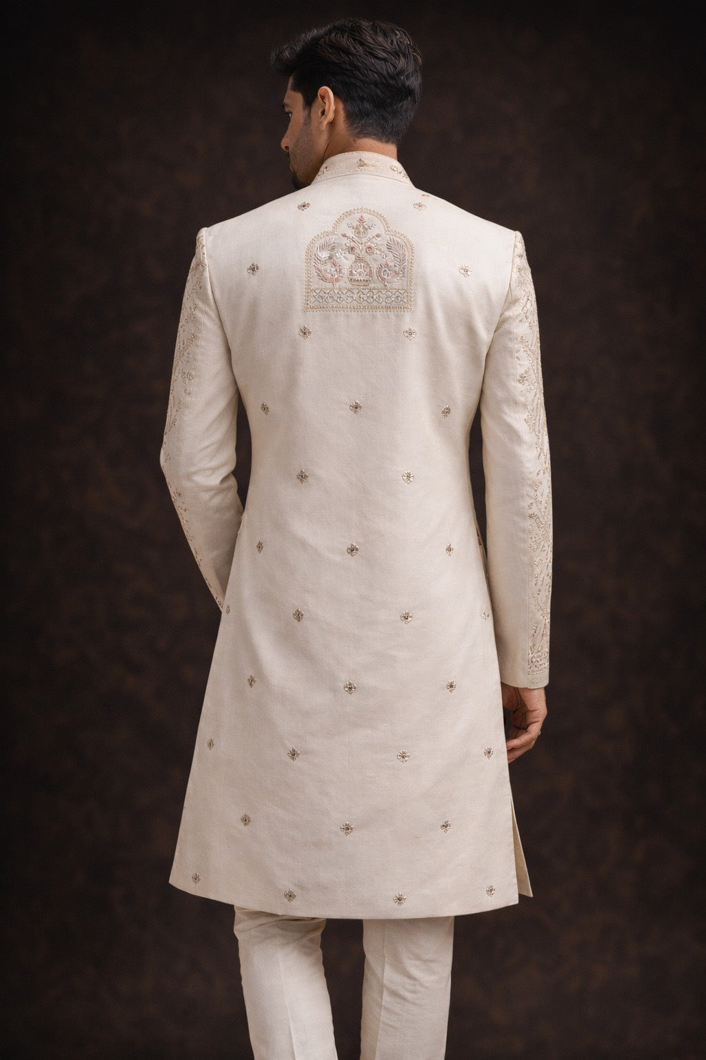 CREAM SHERWANI SET WITH HEAVY THREAD EMBROIDERY ALL OVER