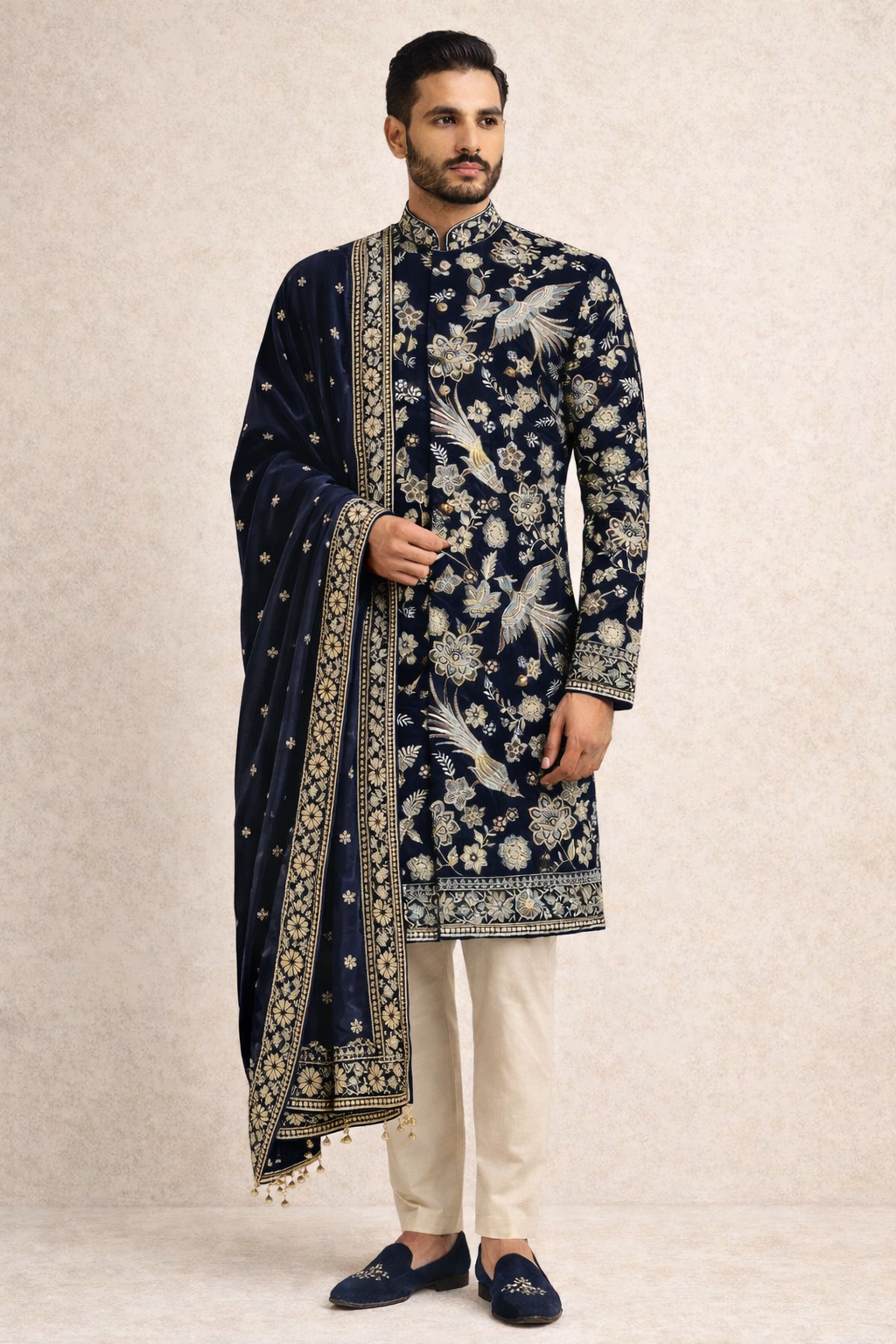 VELVET SHERWANI SET WITH HEAVY TRADITIONAL EMBROIDERY ALL OVER