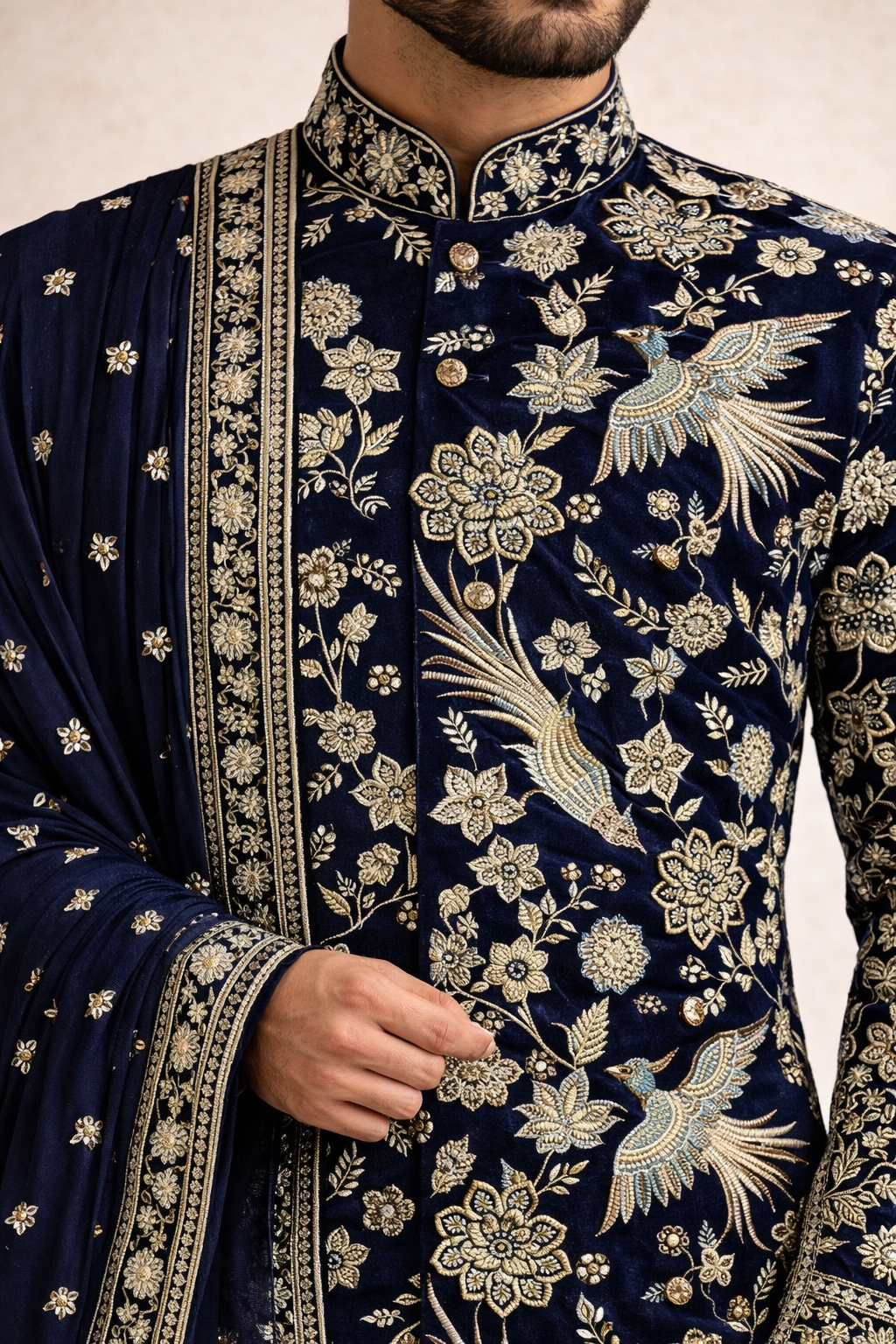 VELVET SHERWANI SET WITH HEAVY TRADITIONAL EMBROIDERY ALL OVER