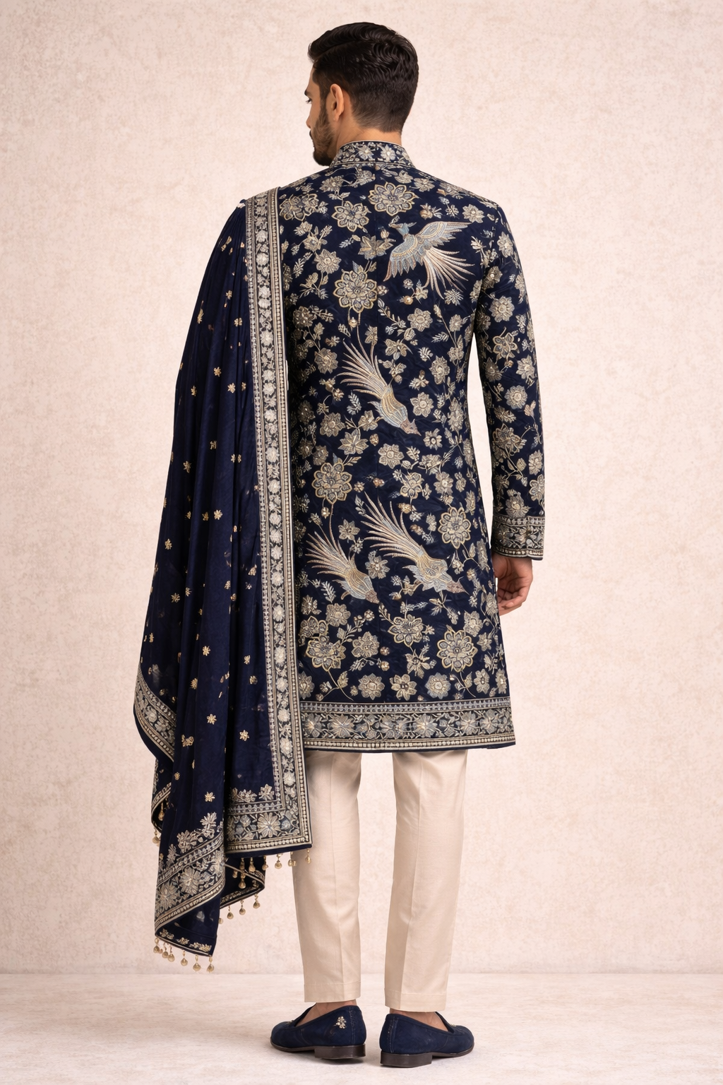 VELVET SHERWANI SET WITH HEAVY TRADITIONAL EMBROIDERY ALL OVER