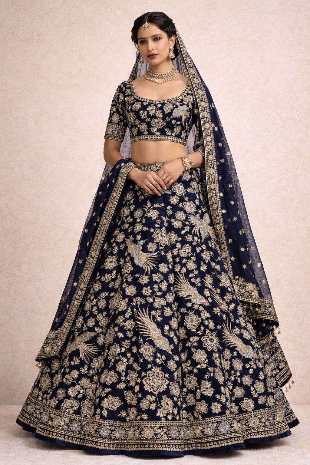VELVET BRIDAL LEHENGA SET WITH HEAVY TRADITIONAL EMBROIDERY  ALL OVER