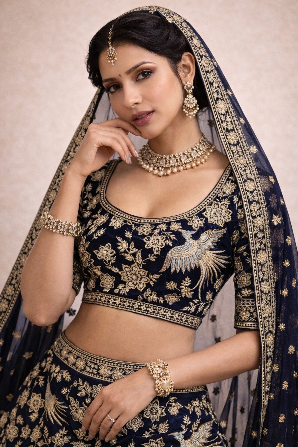 VELVET BRIDAL LEHENGA SET WITH HEAVY TRADITIONAL EMBROIDERY  ALL OVER