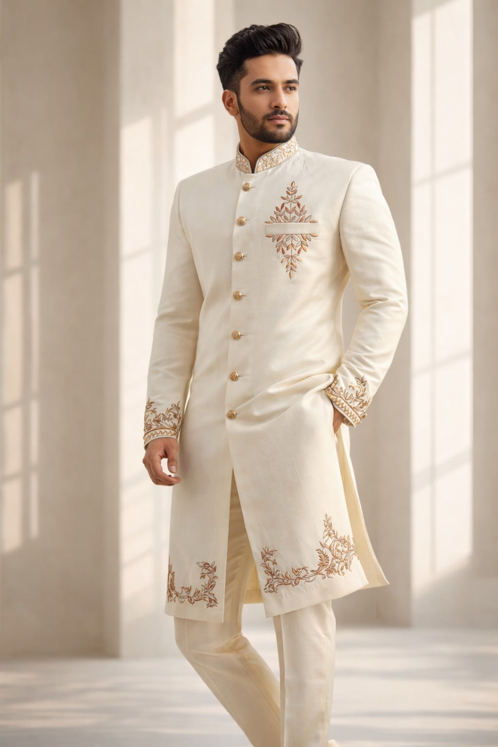 SHERWANI SET IN CREAM TONE WITH HEAVY EMBROIDERY