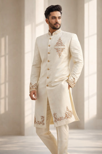 SHERWANI SET IN CREAM TONE WITH HEAVY EMBROIDERY