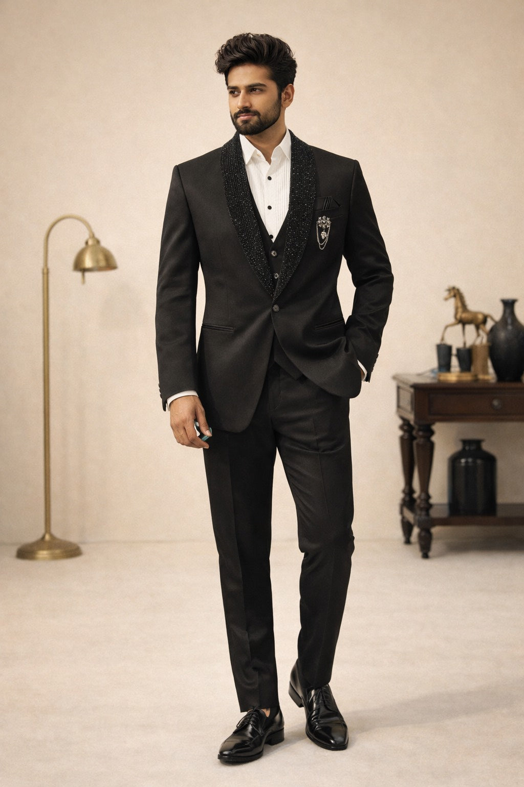 5 PC SUIT IN BLACK WITH DESIGNER NAPLE FOR WEDDING