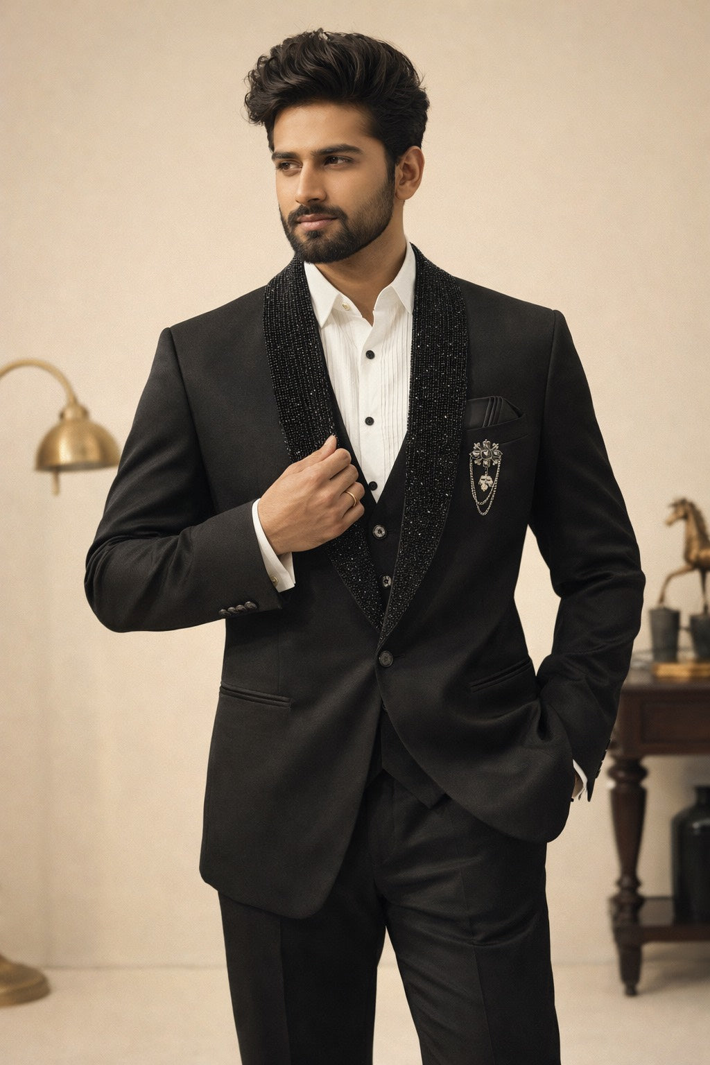 5 PC SUIT IN BLACK WITH DESIGNER NAPLE FOR WEDDING