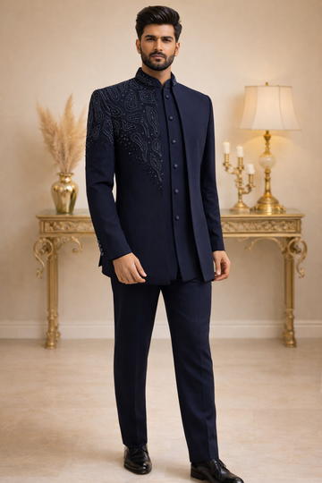OPEN BANDHGALA SET WITH UNIQUE HAND EMBROIDERY IN RICH BLUE TONE