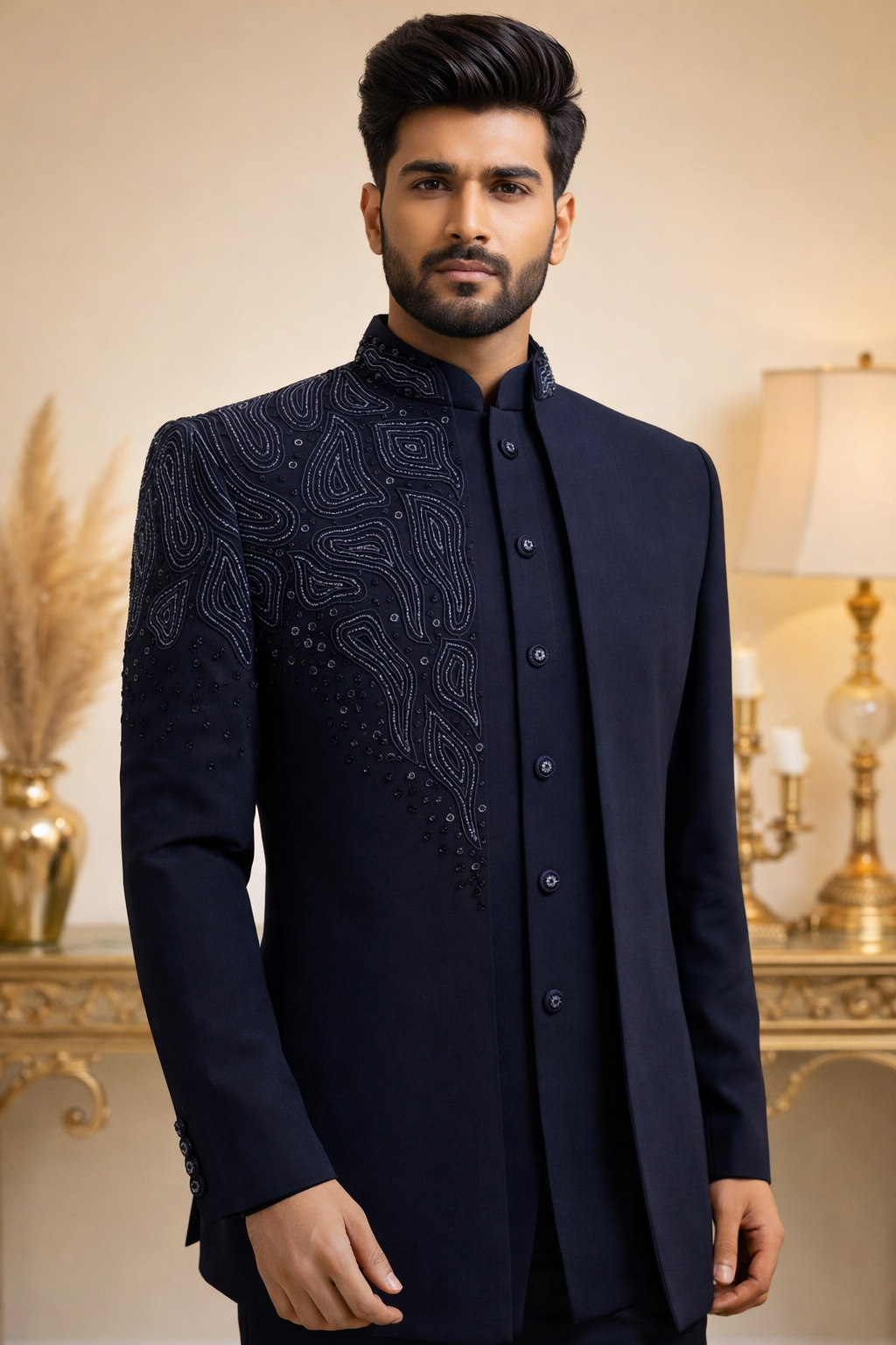 OPEN BANDHGALA SET WITH UNIQUE HAND EMBROIDERY IN RICH BLUE TONE