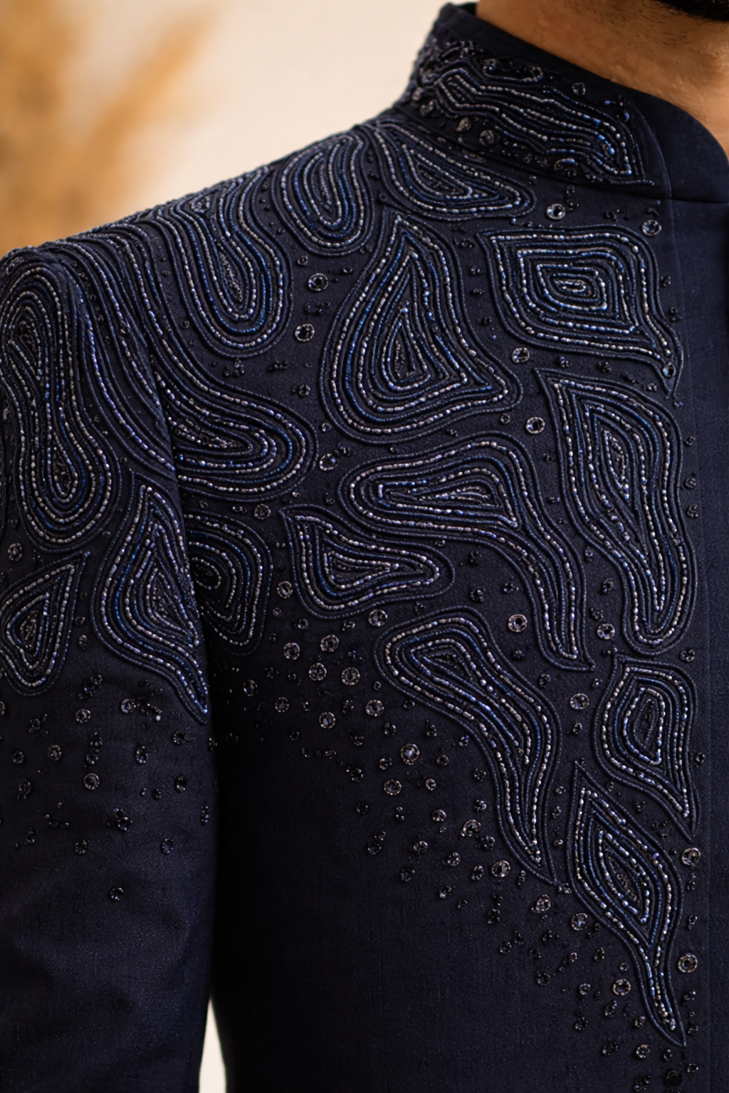 OPEN BANDHGALA SET WITH UNIQUE HAND EMBROIDERY IN RICH BLUE TONE