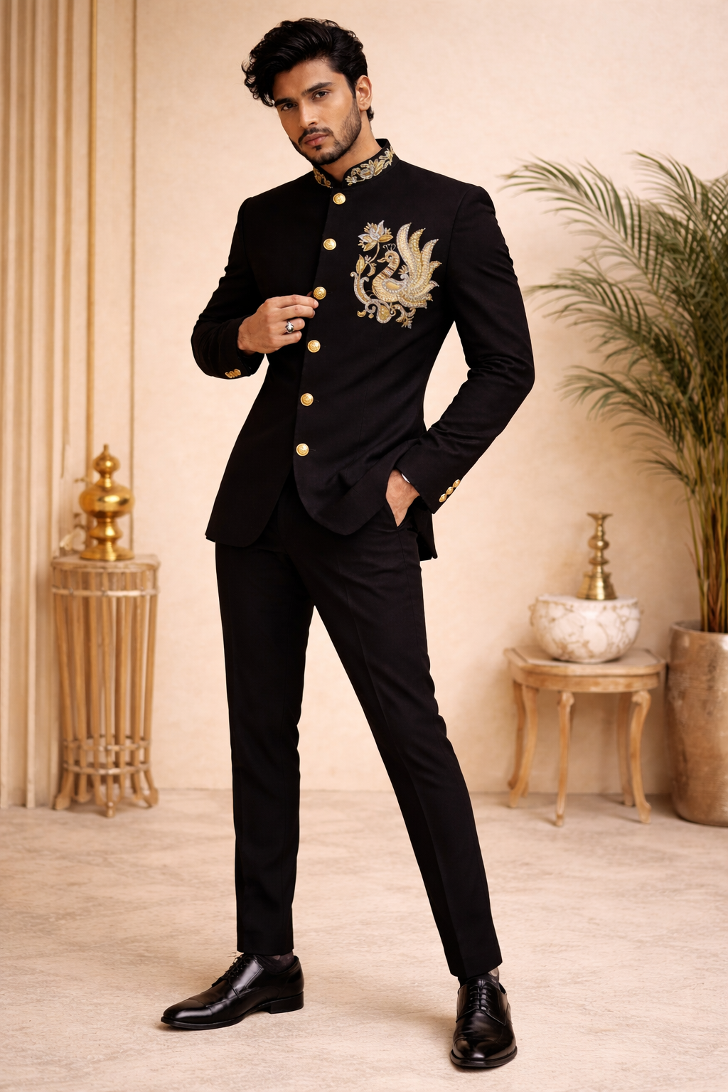 ARMANI BANDHGALA SET WITH UNIQUE HAND EMBROIDERY ON COLLAR & CHEST
