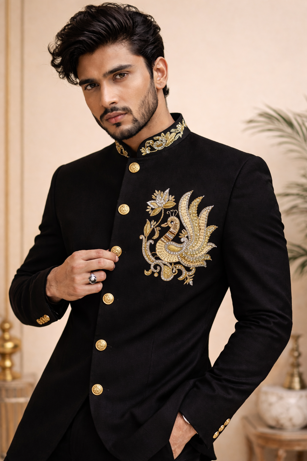 ARMANI BANDHGALA SET WITH UNIQUE HAND EMBROIDERY ON COLLAR & CHEST