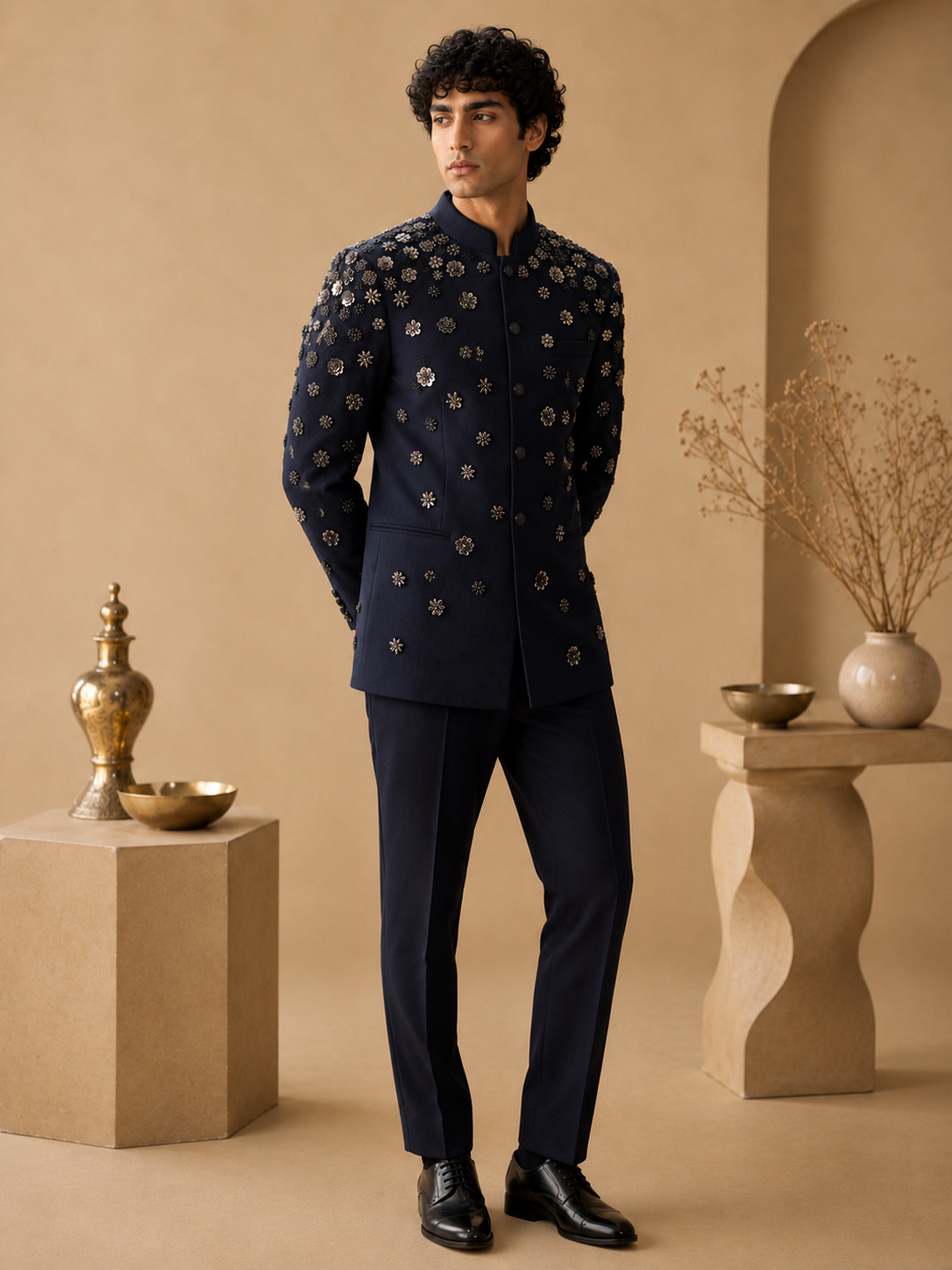 BANDGALA SET UNIQUE HAND EMBROIDERY ALL-OVER IN BLUE TONE