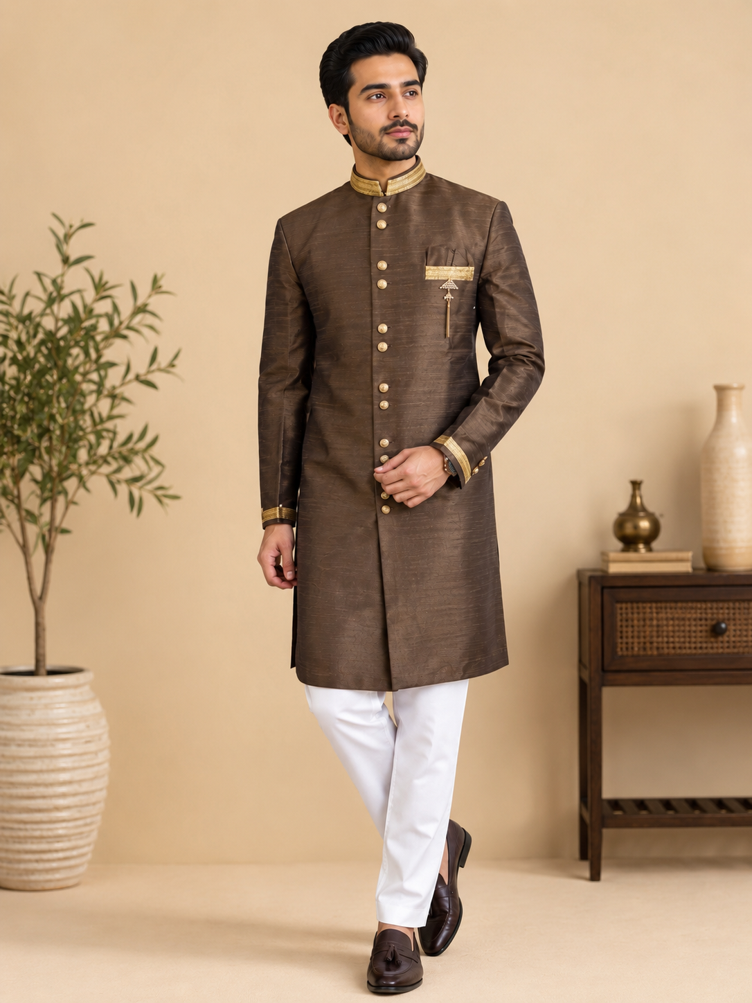 Men's Brown Silk Indo-Western Sherwani Set with Designer Lace & Polo Pant