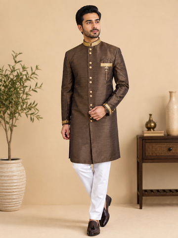 Men's Brown Silk Indo-Western Sherwani Set with Designer Lace & Polo Pant